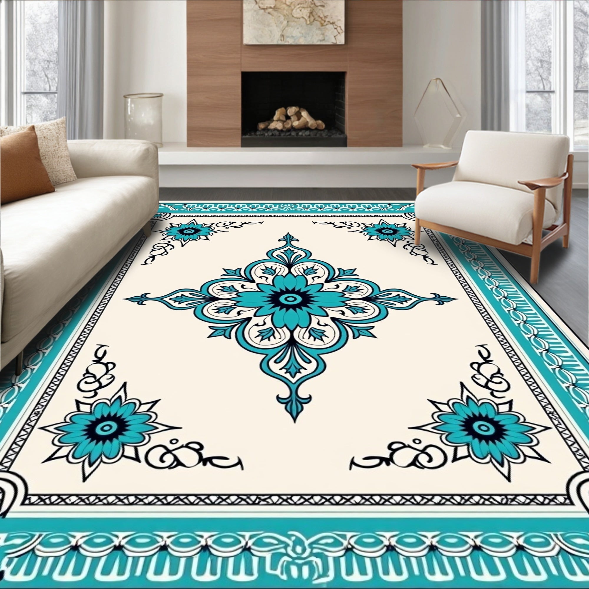 Turquoise Floral Mandala Border Rug
