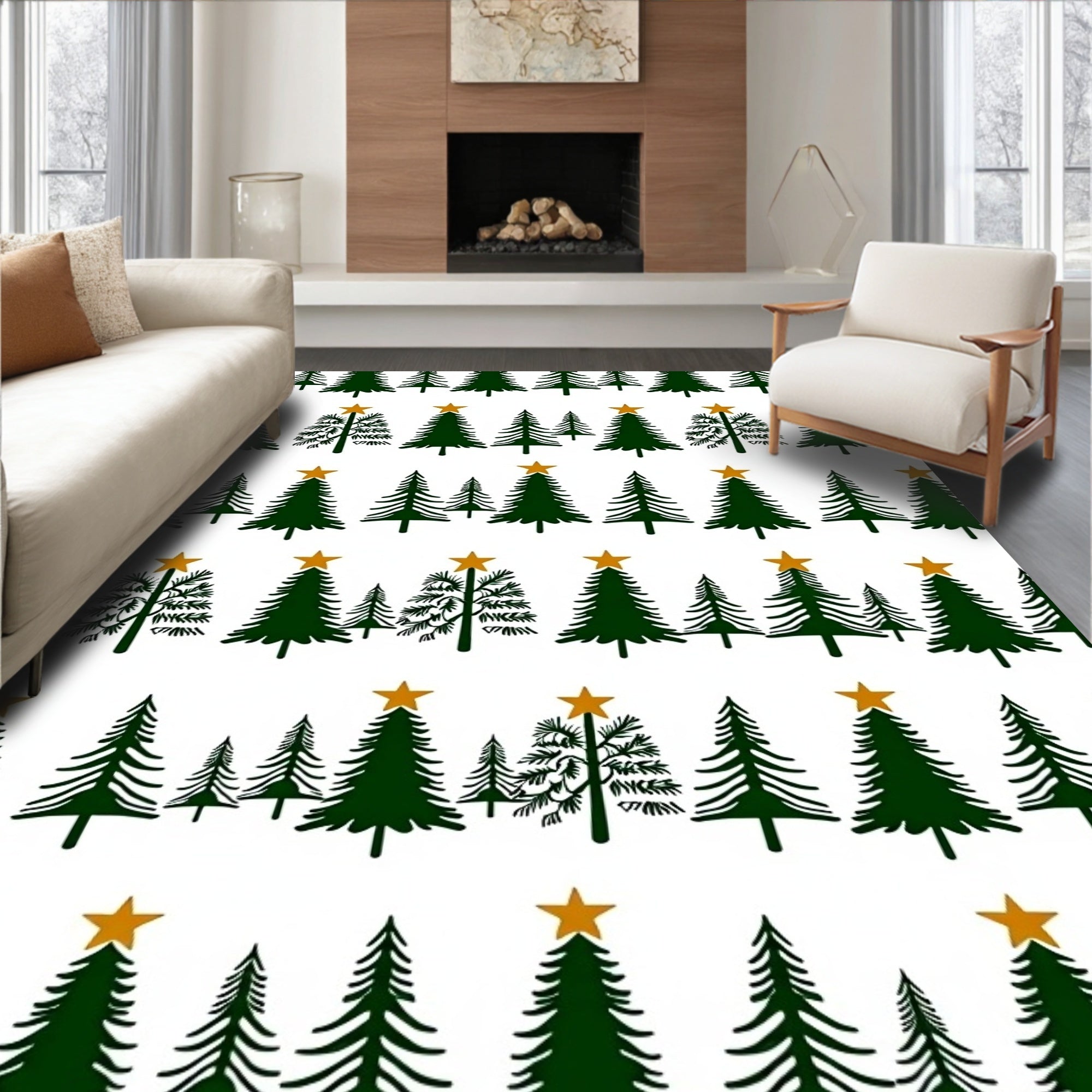 Dark Green Christmas Trees Gold Star Rug