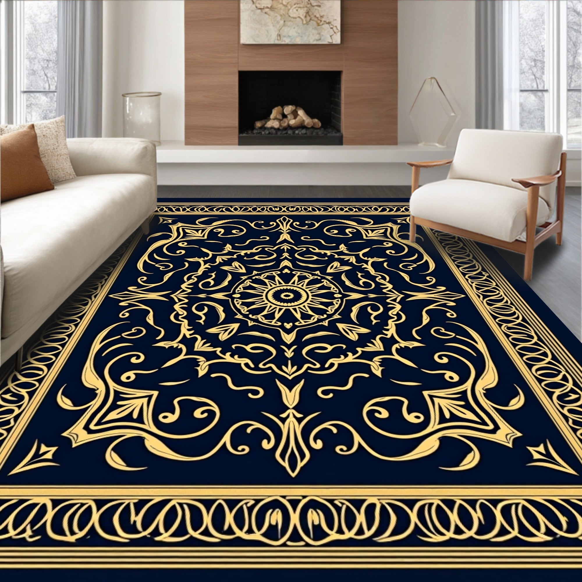 Elegant Gold Medallion Patterned Rug