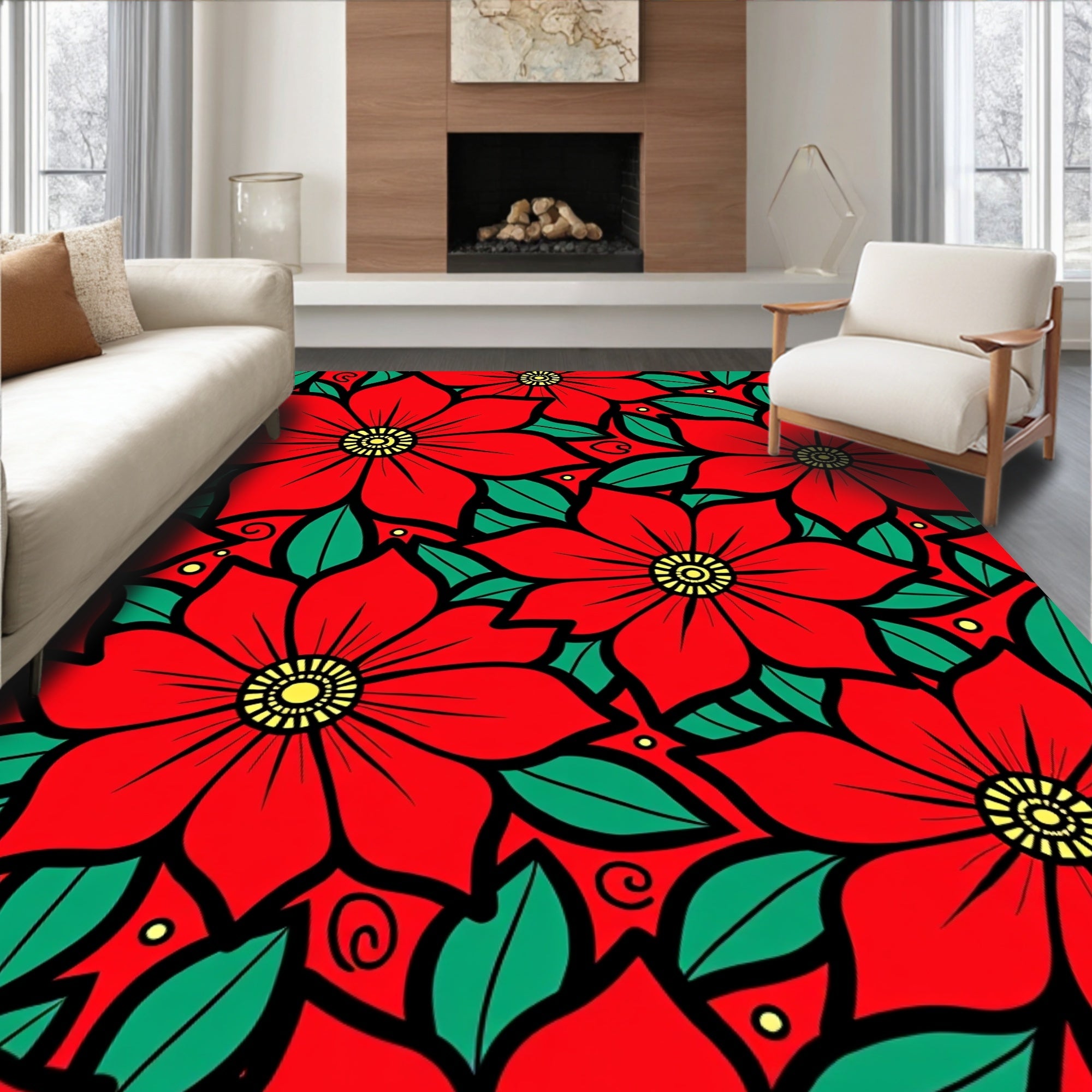 Bold Red Floral Pattern Rug