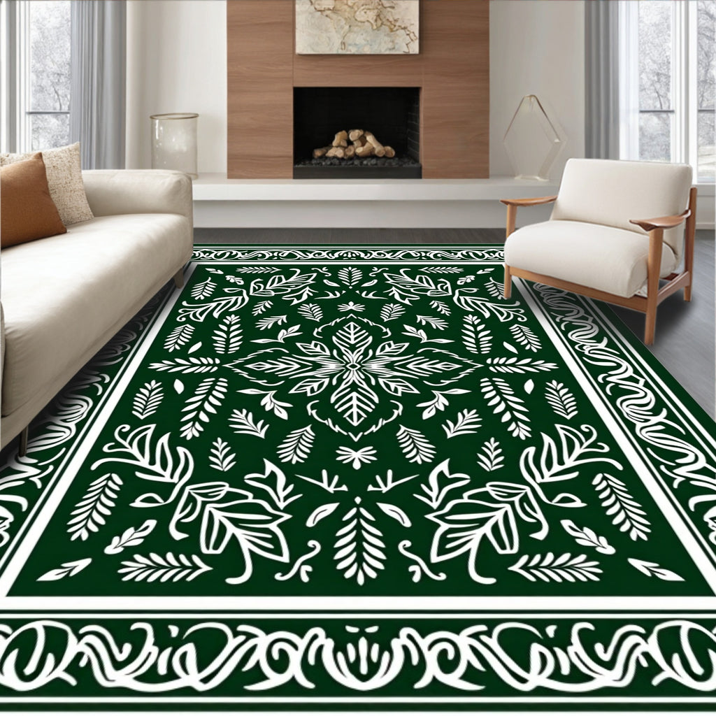 Dark Green White Botanical Floral Pattern Rug