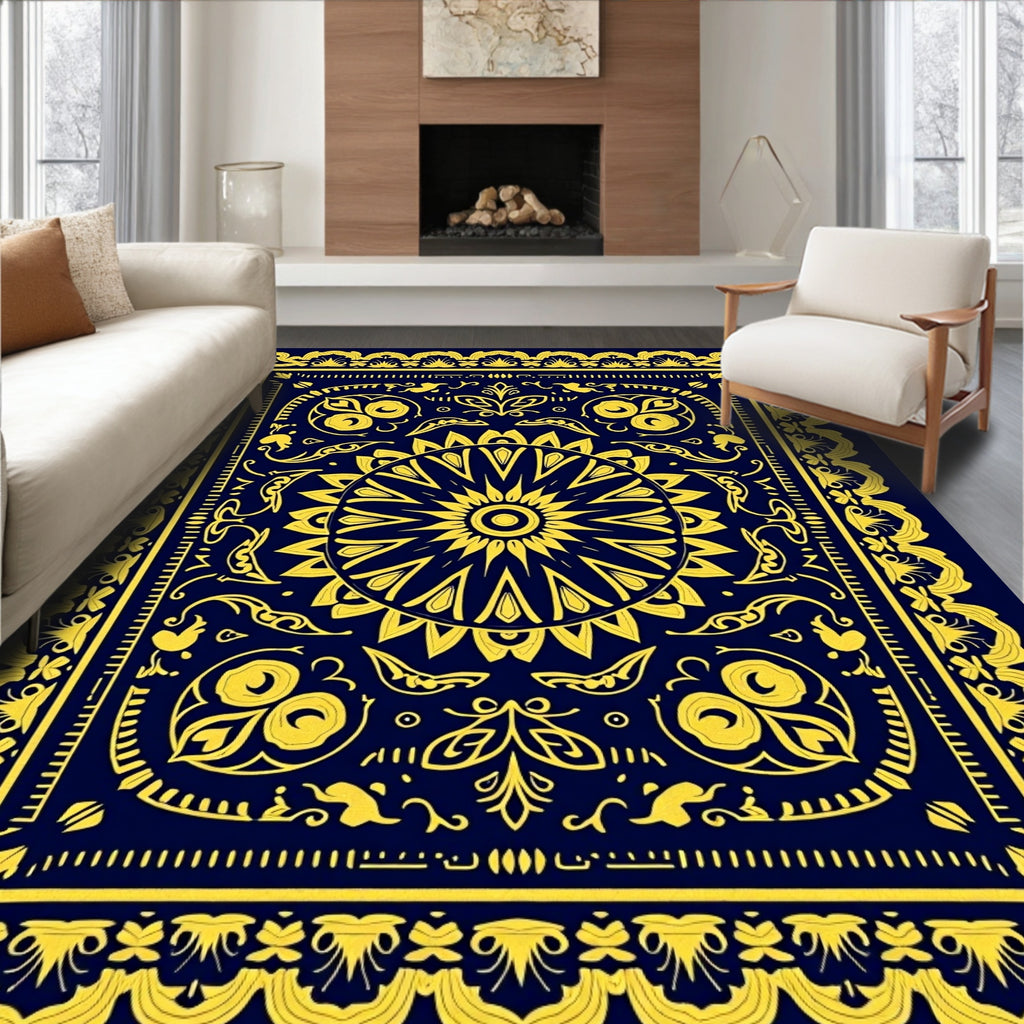 Intricate Yellow Floral Sunburst Design Rug