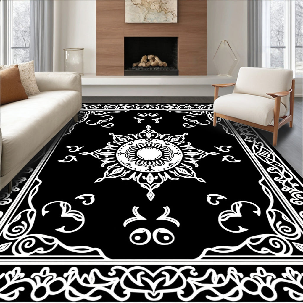 Intricate Black and White Mandala Pattern Rug