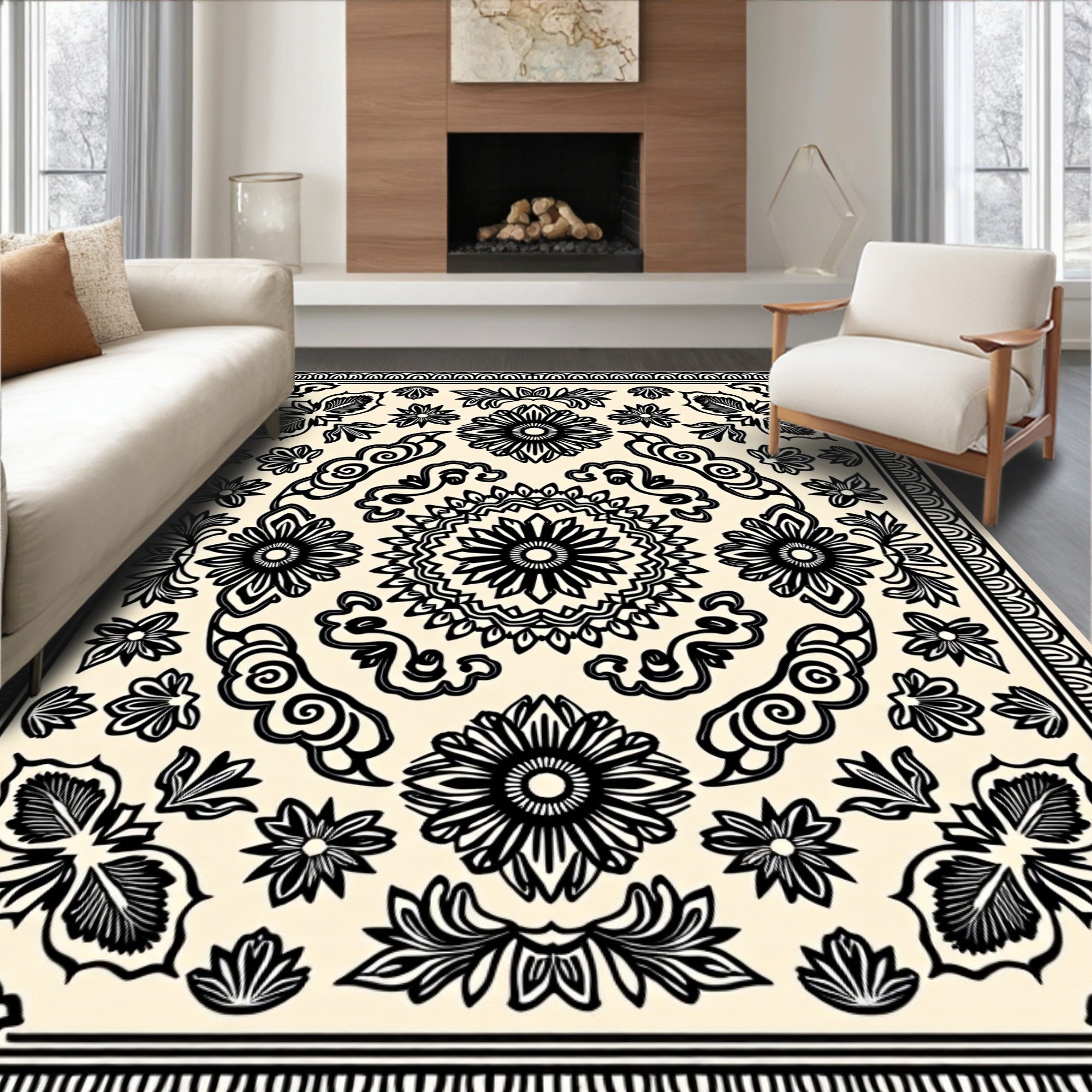 Mandala Floral Black Cream Design Rug