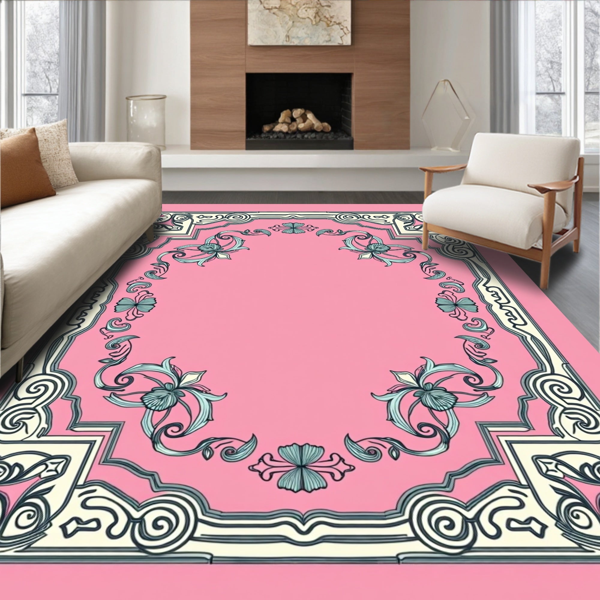 Antique Blush Floral Scrollwork Border Rug