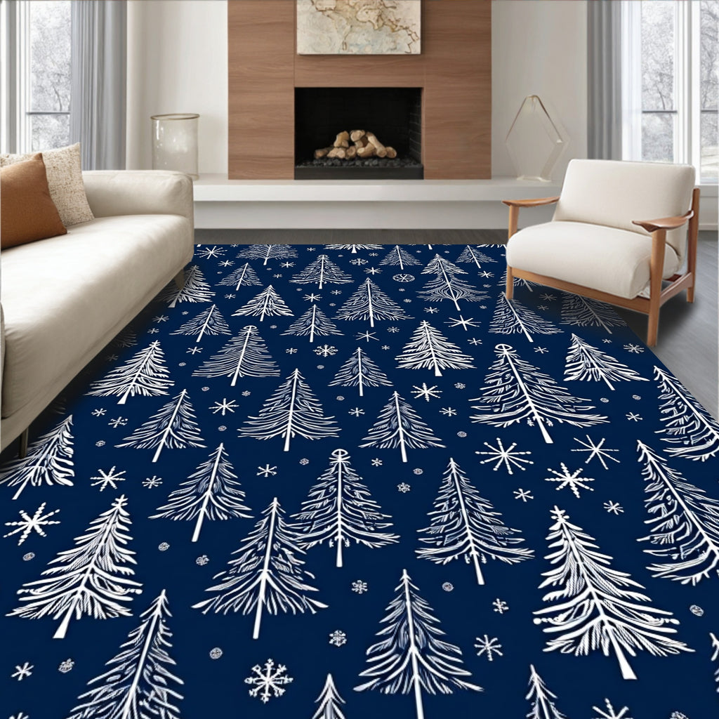 White Pine Trees Snowflakes Navy Rug