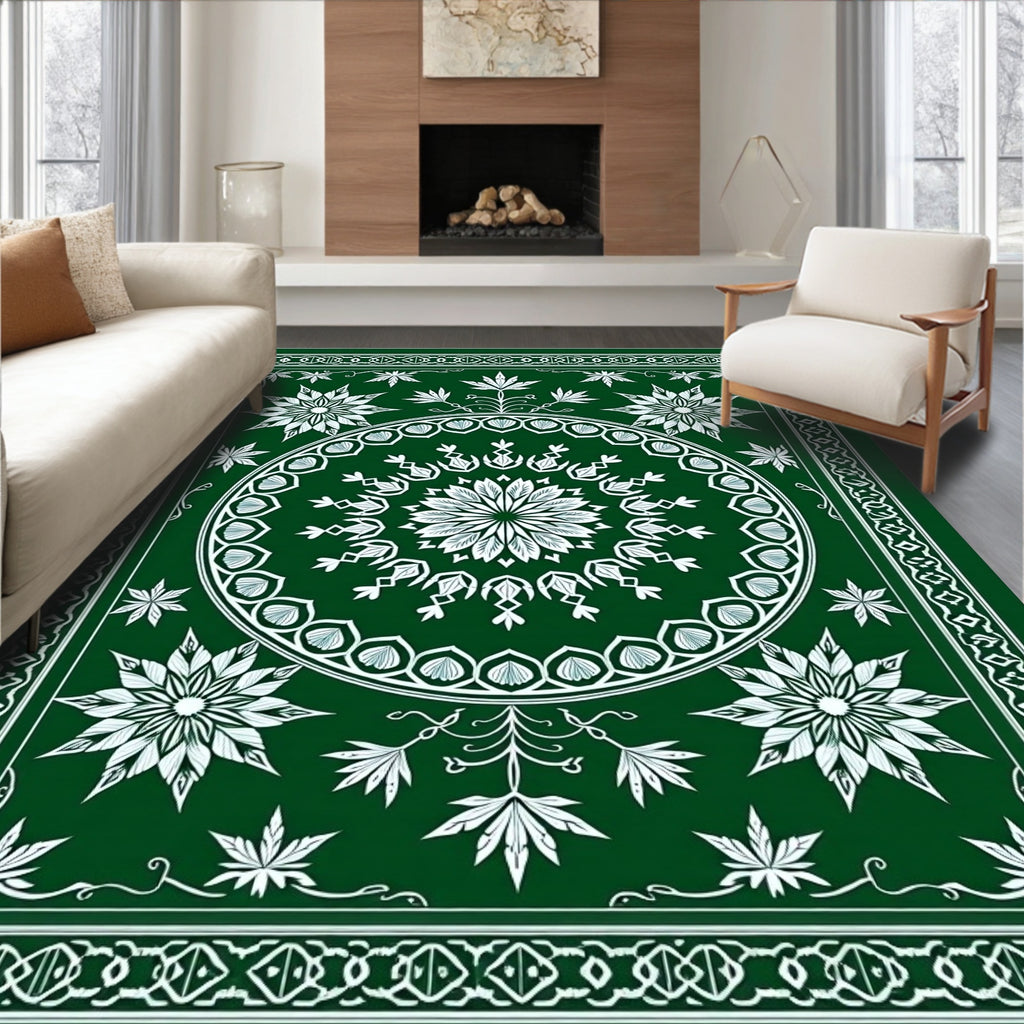 Emerald Green Floral Medallion Border Design Rug
