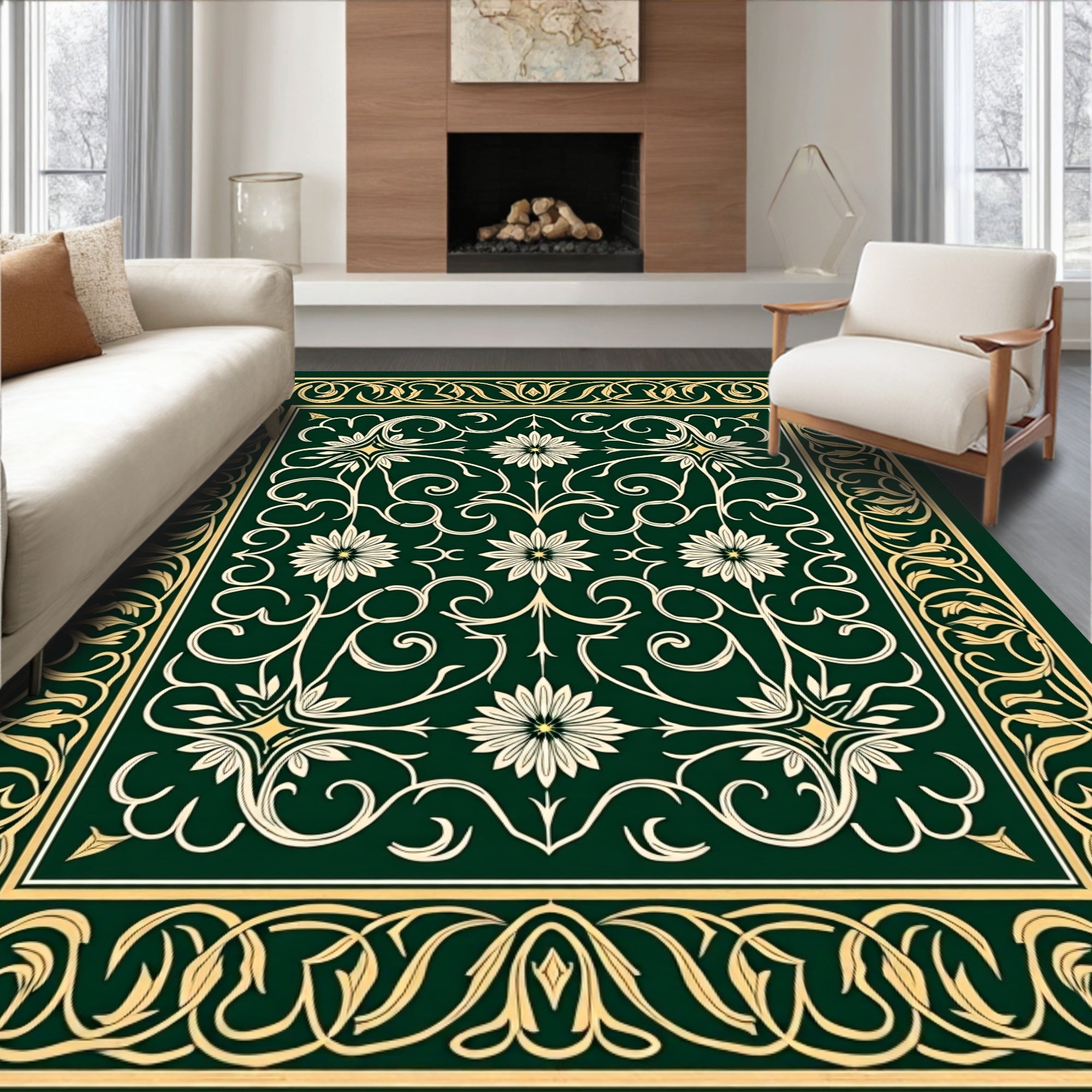 Ornate Floral Vine Border Design Rug