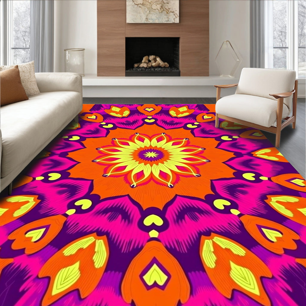 Vibrant Orange Pink Mandala Pattern Rug