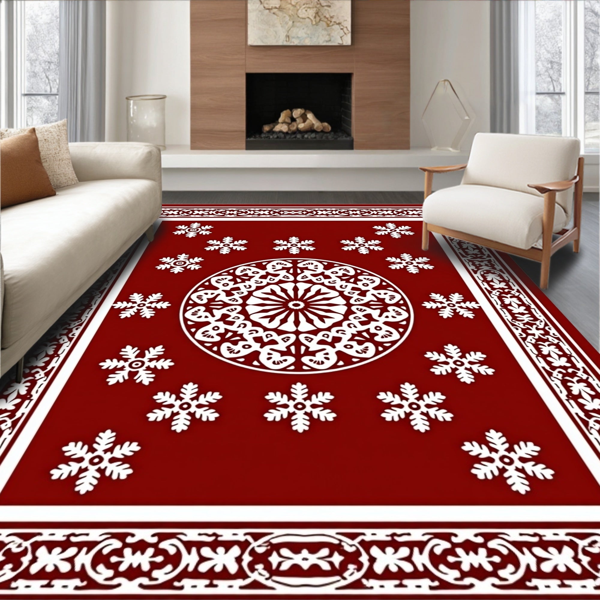 Traditional Snowflake Medallion Border Design Rug