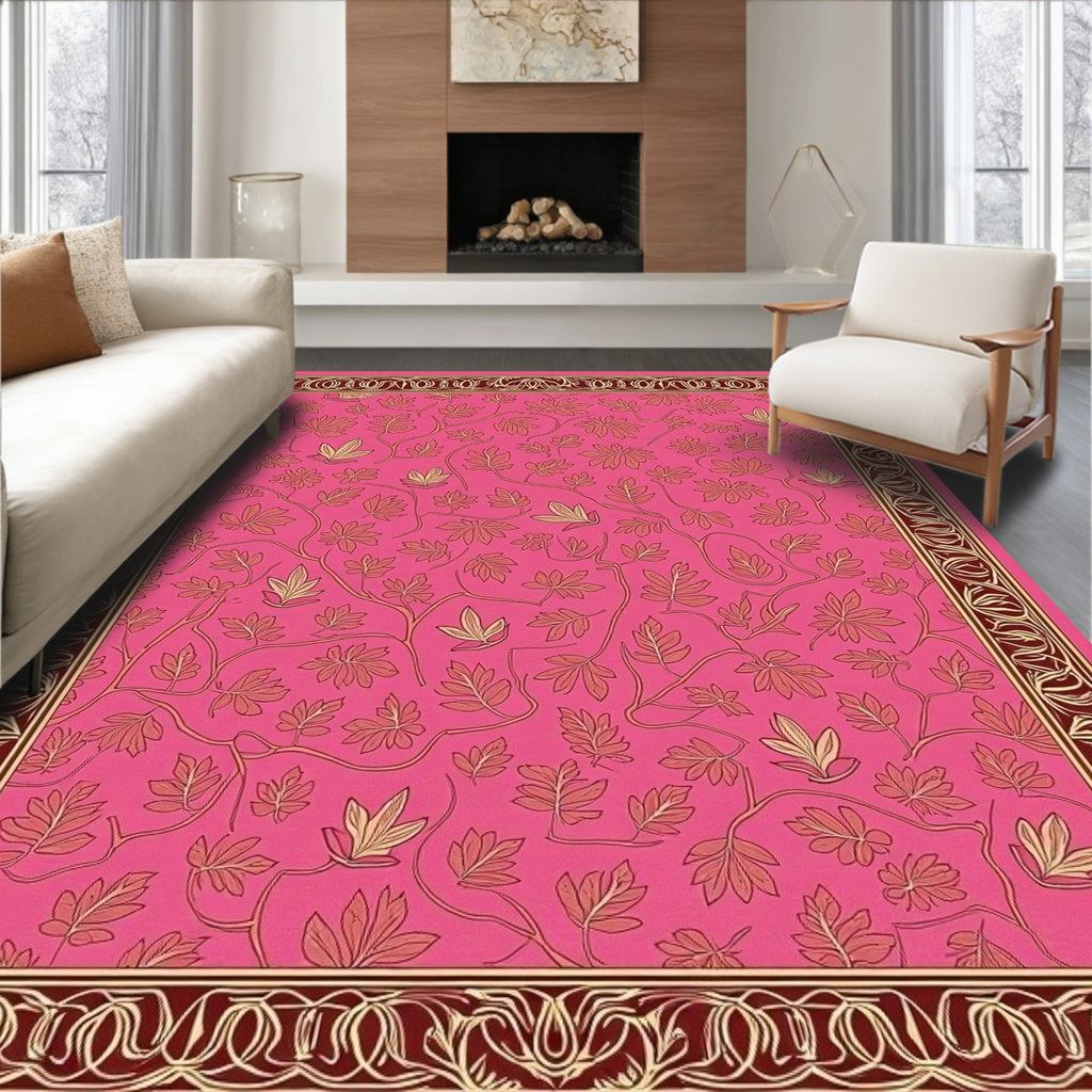 Pink Floral Vines Bordered Rug