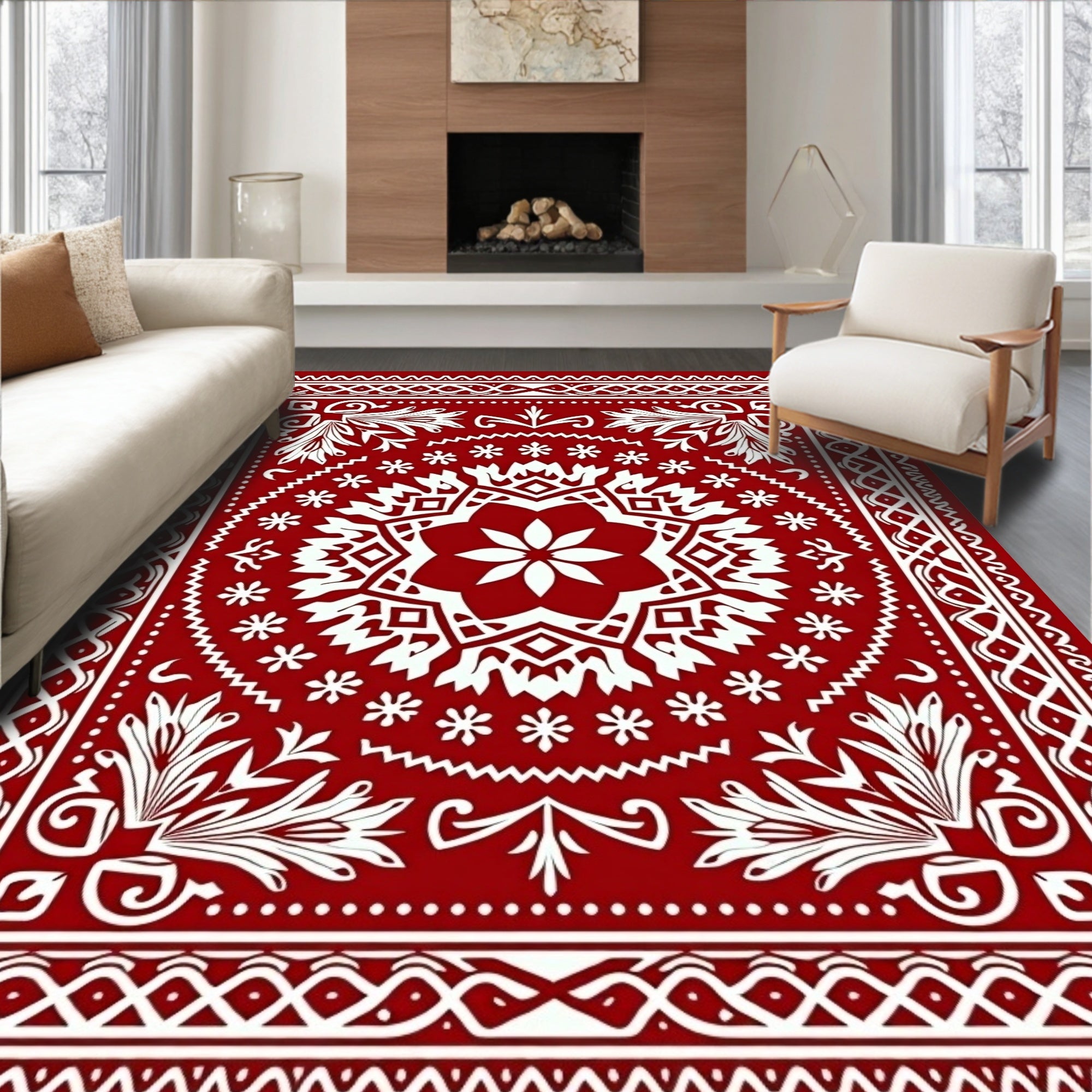 Rustic Red Floral Medallion Pattern Rug