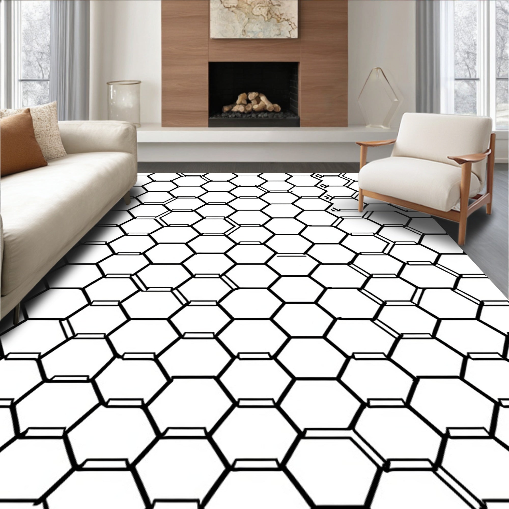 Modern Hexagonal Grid Pattern Rug