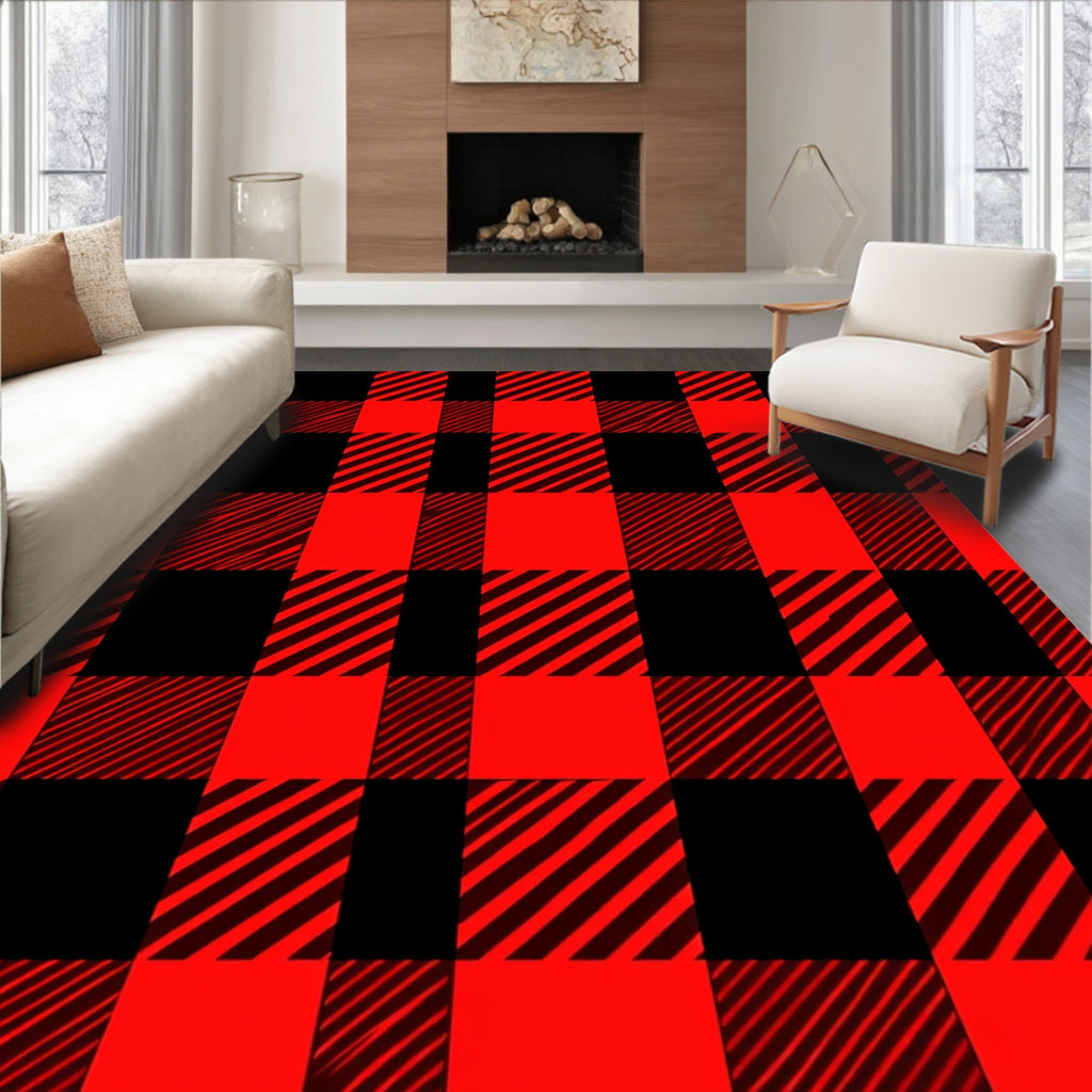 Bold Red Black Checkered Pattern Rug