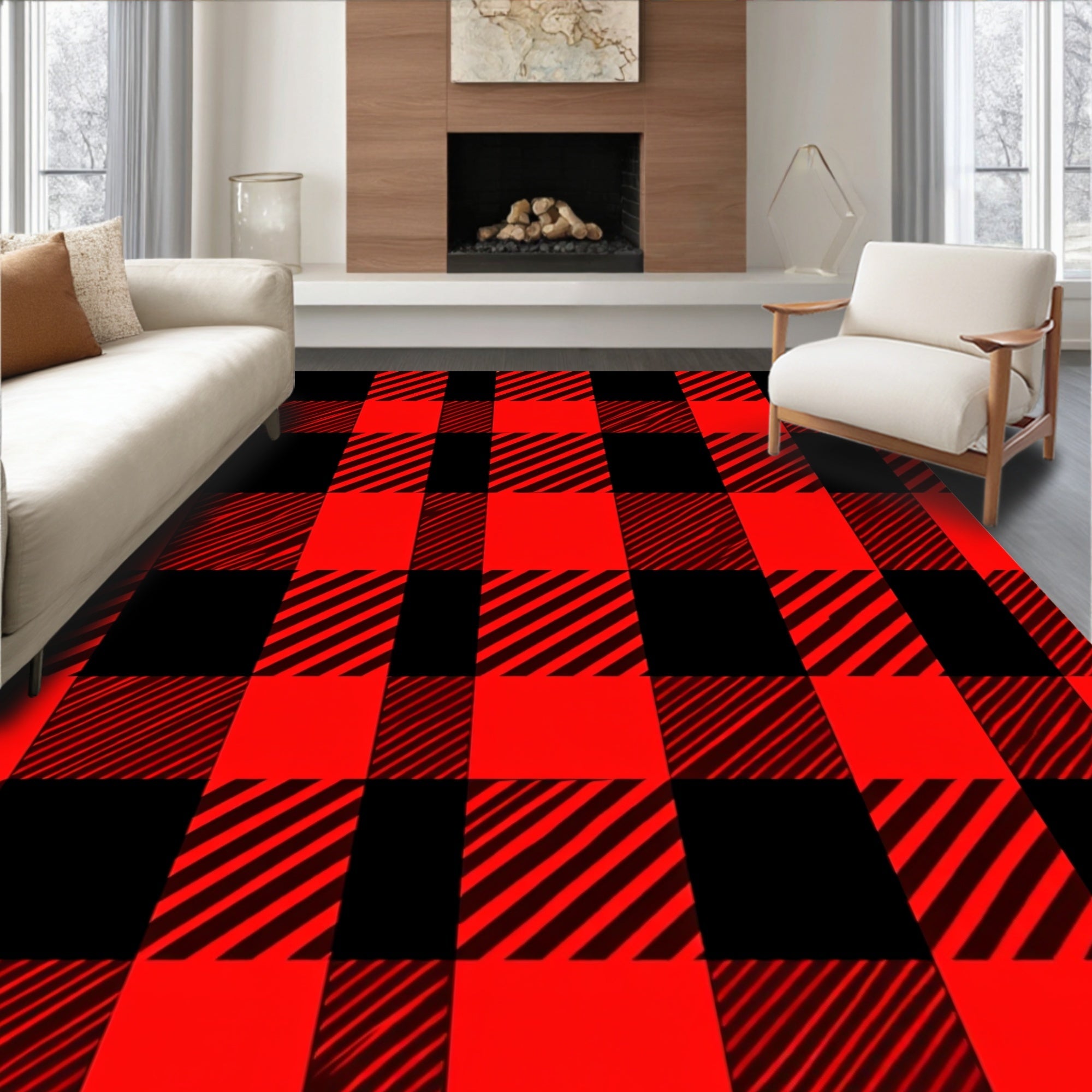 Bold Red Black Checkered Pattern Rug