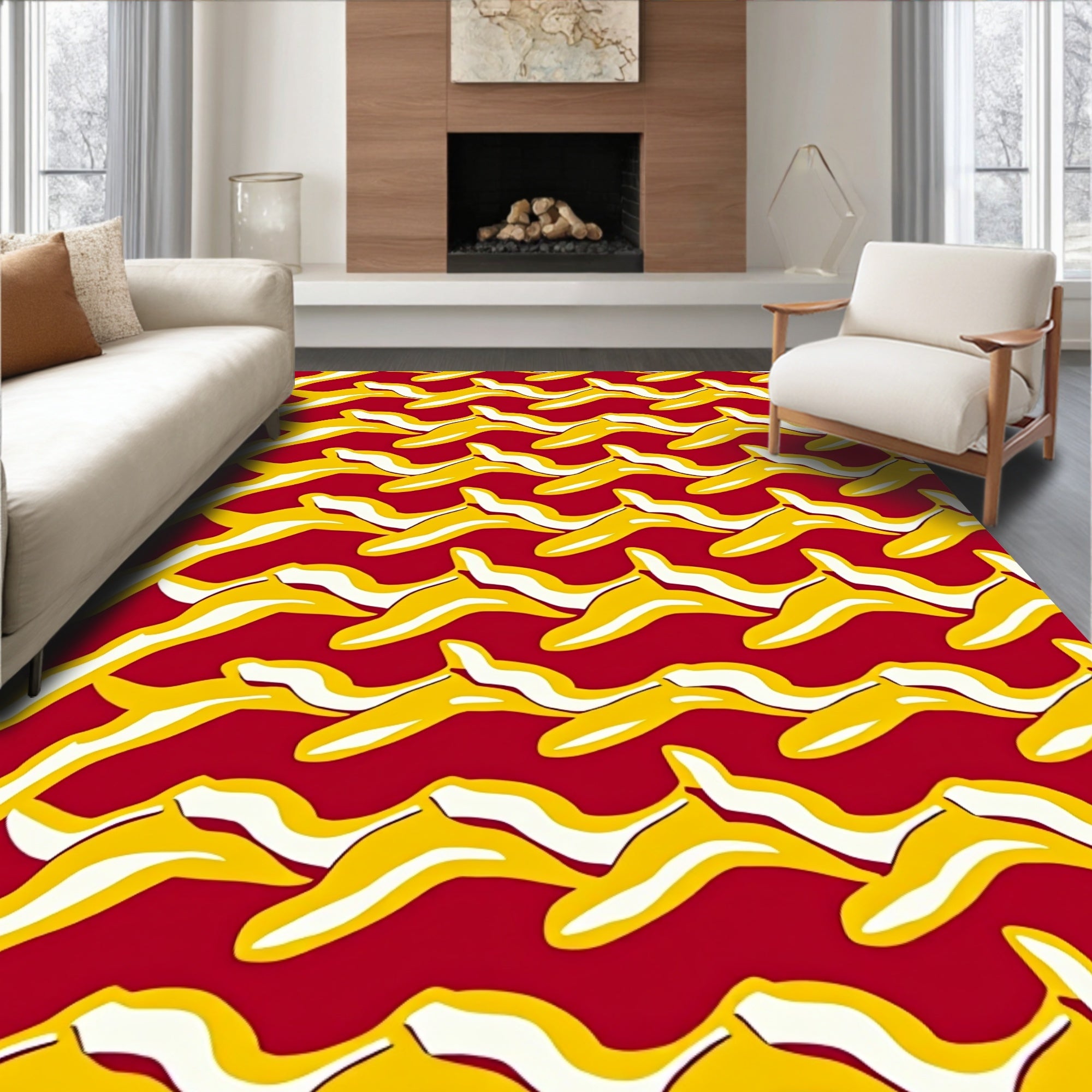 Bold Yellow Abstract Swirl Pattern Rug