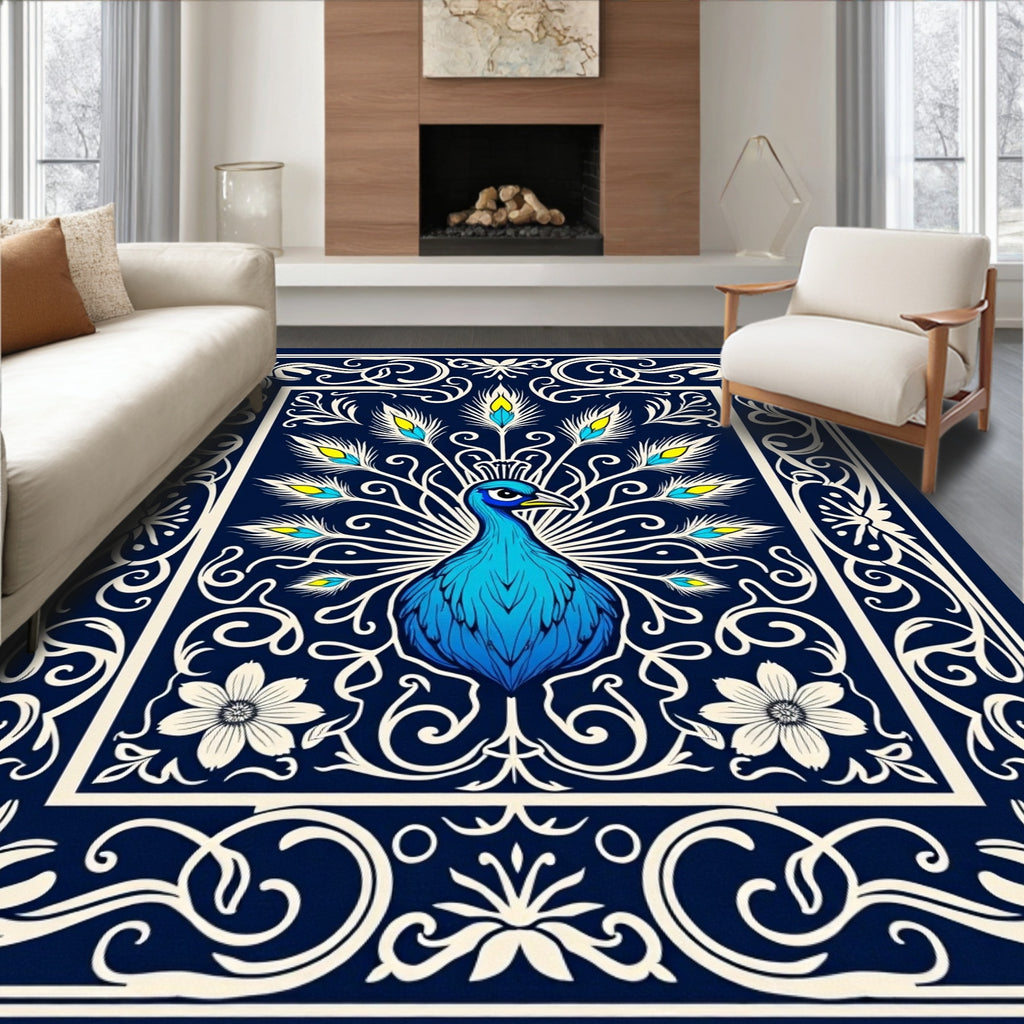 Majestic Blue Peacock Art Nouveau Rug