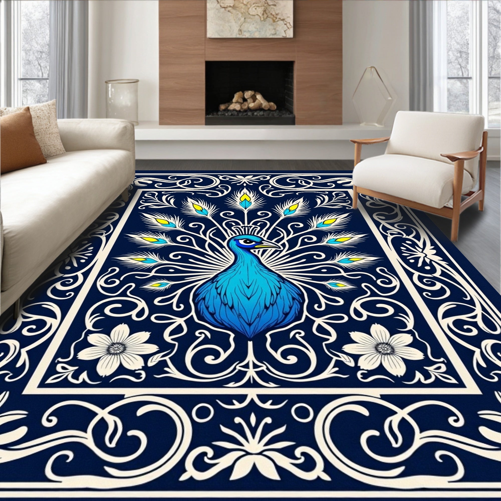 Majestic Blue Peacock Art Nouveau Rug