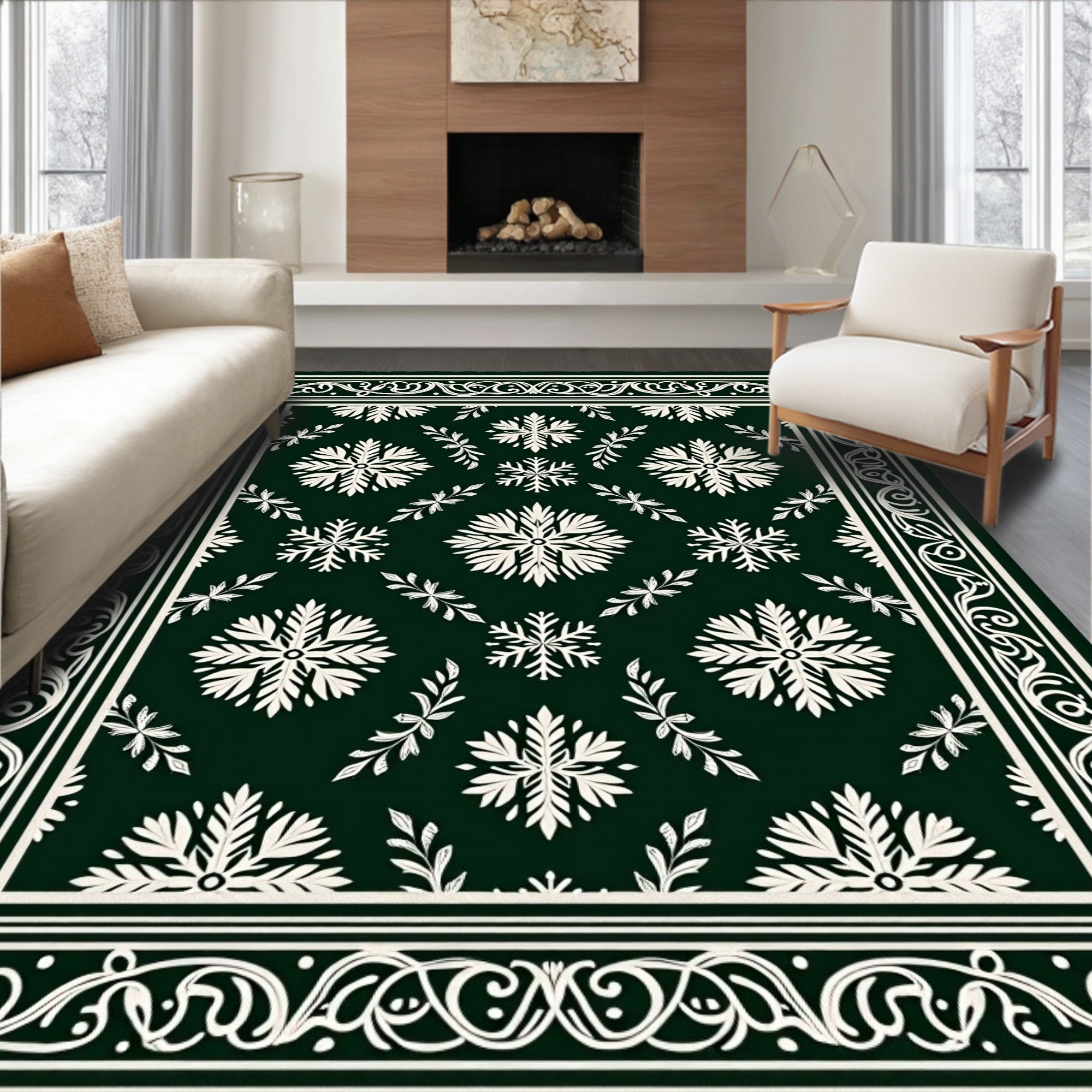 Classic Snowflake Border Pattern Rug