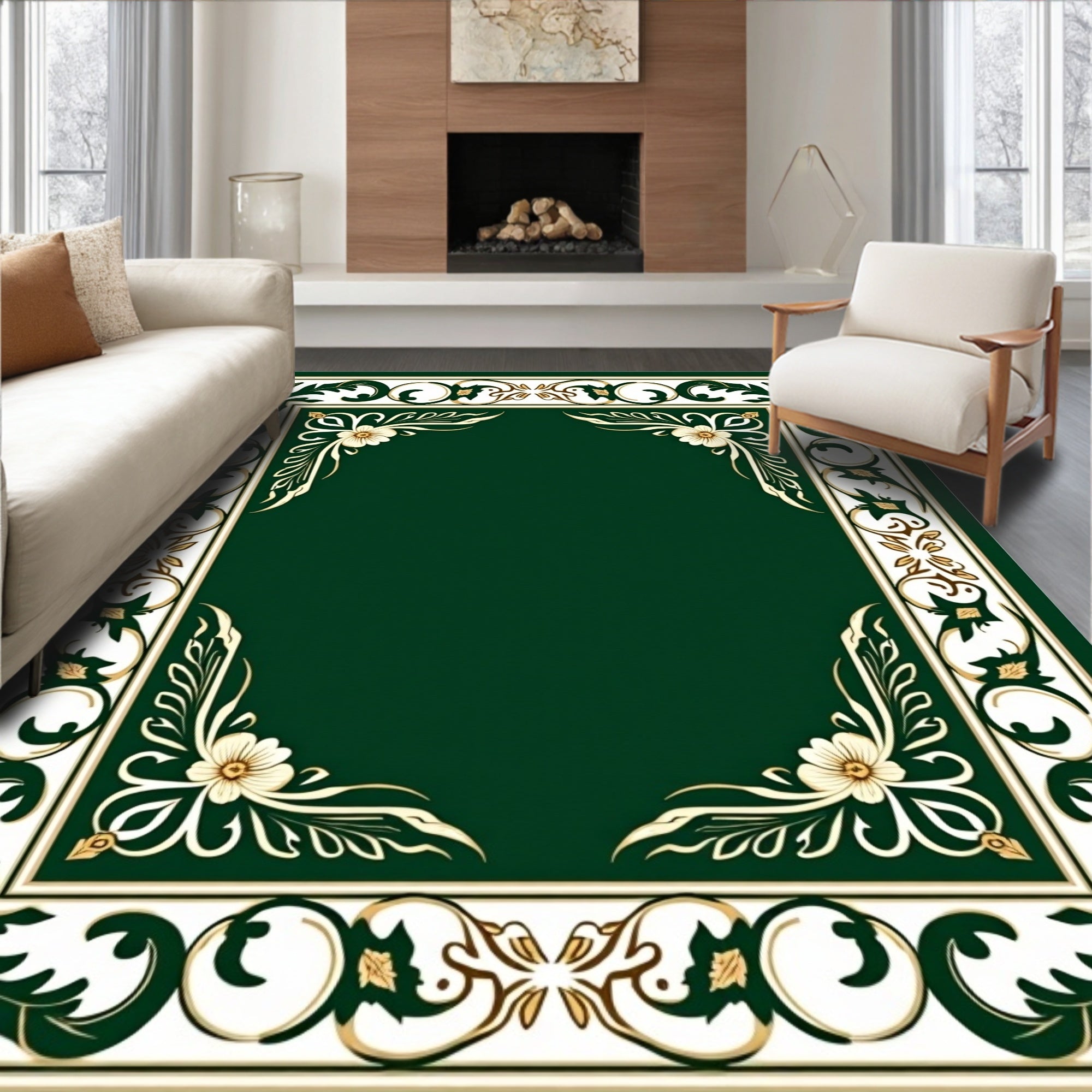 Green Floral Bordered Square Design Rug