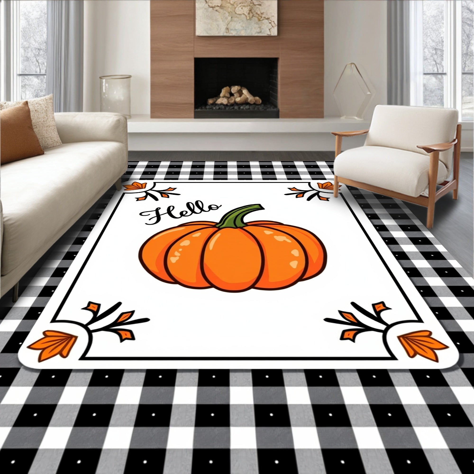 Hello Pumpkin Gingham Square Design Rug
