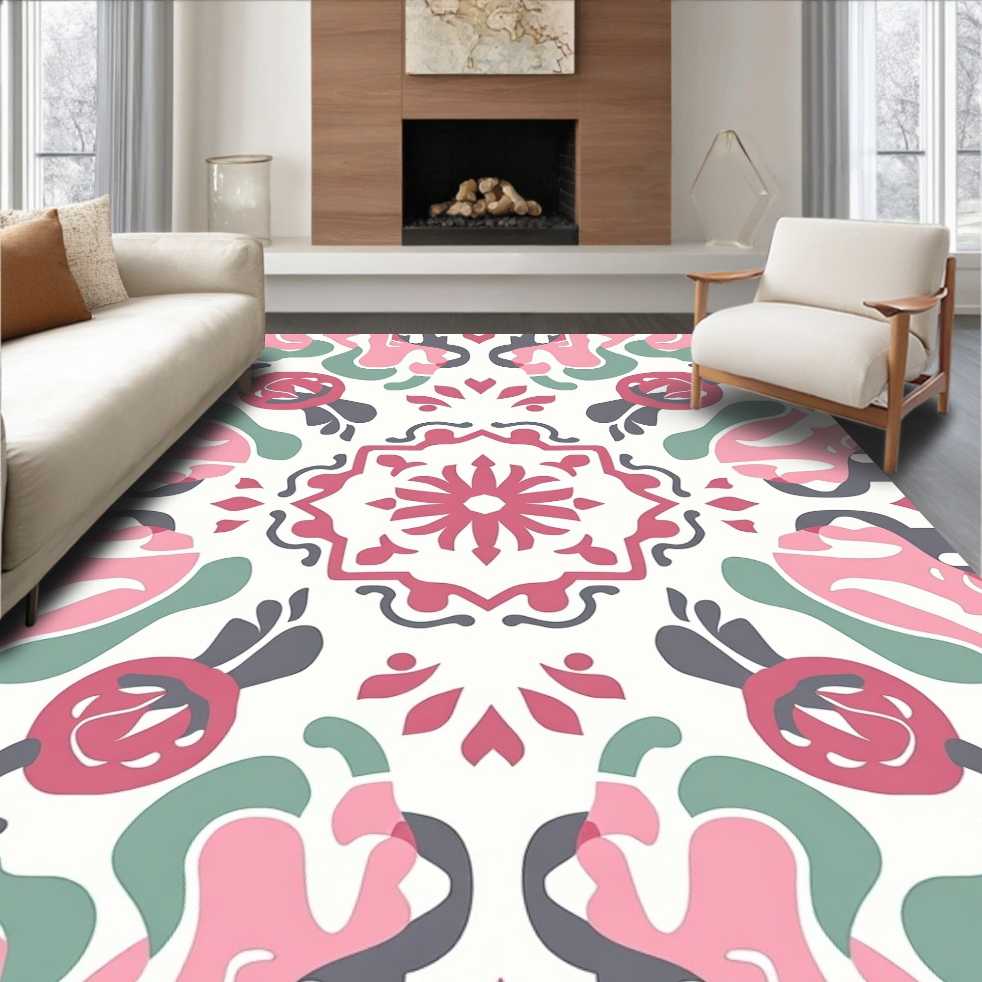 Whimsical Pastel Floral Medallion Pattern Rug