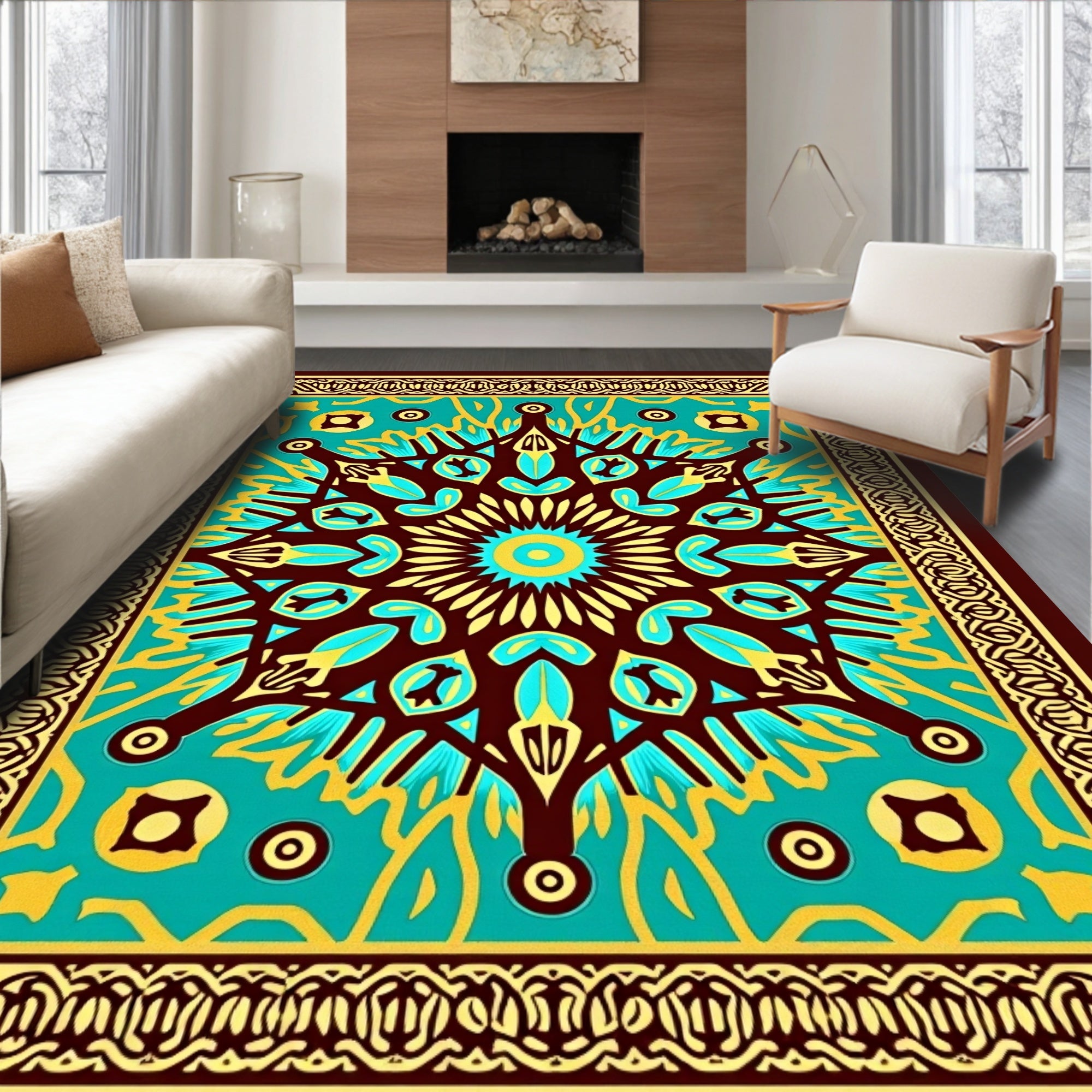 Retro Geometric Sunburst Mandala Design Rug