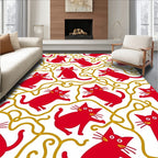 Playful Red Cats Gold Swirl Pattern Rug