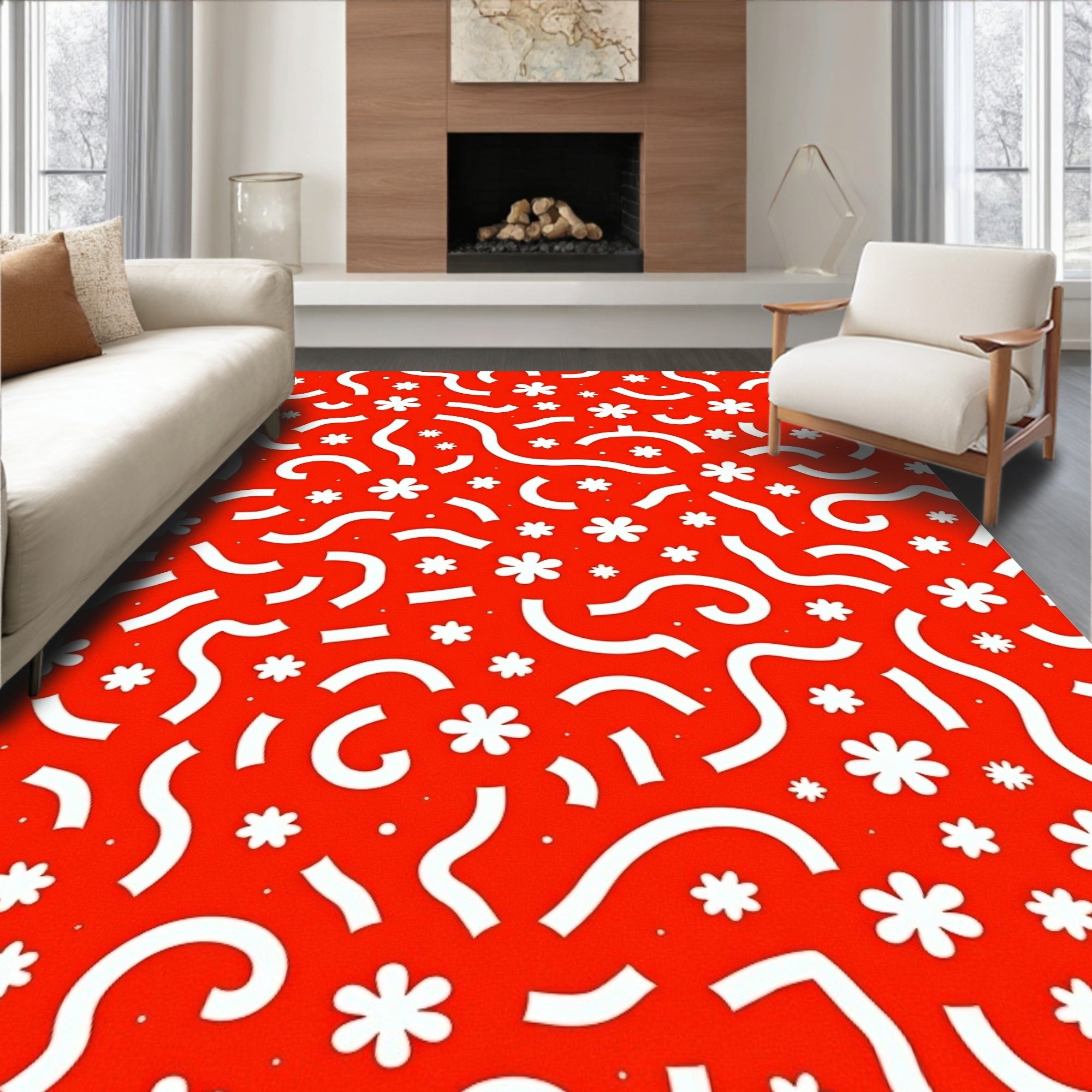 Bright Red White Playful Floral Swirl Rug