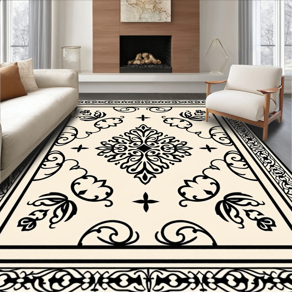Black Cream Ornate Floral Rug