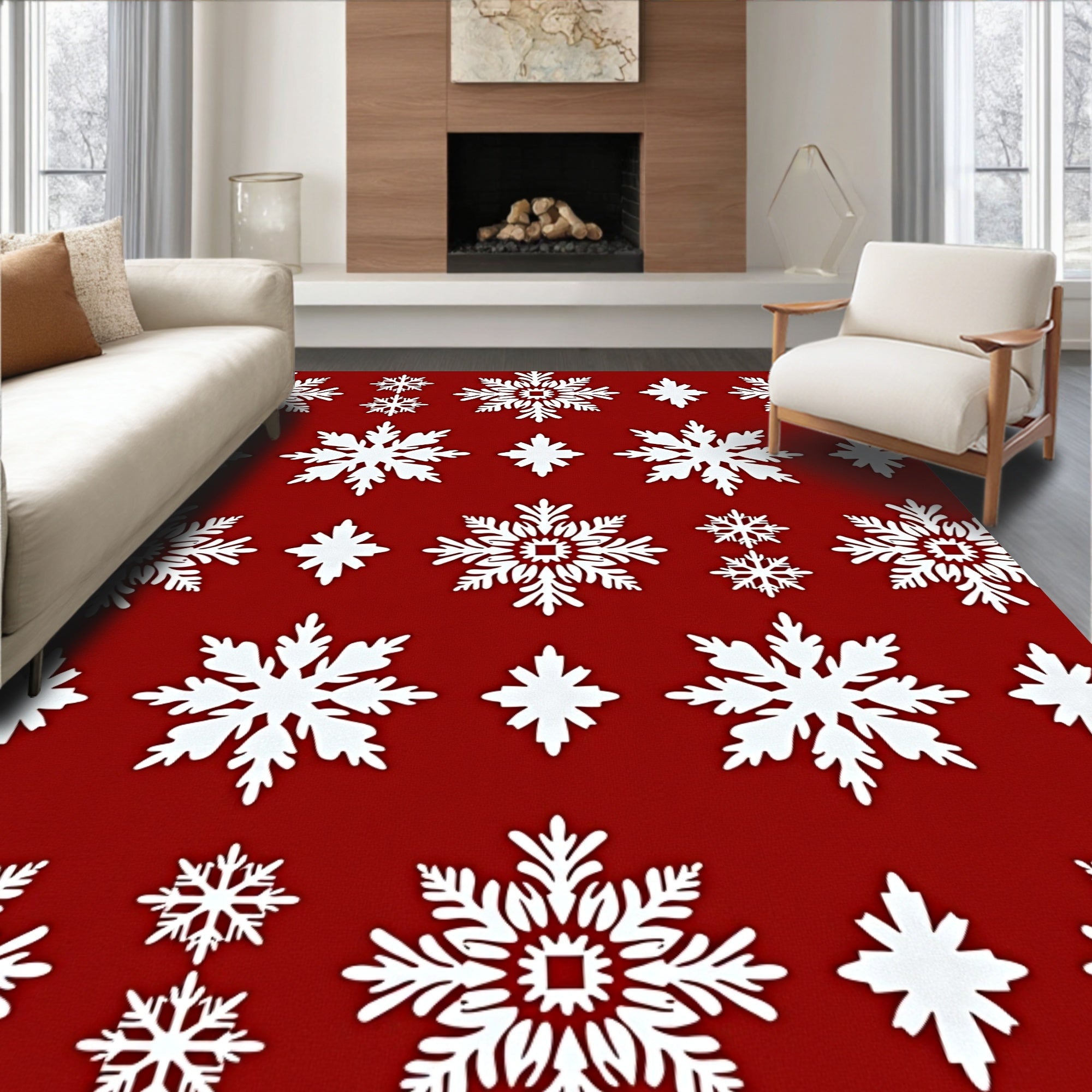 White Snowflakes On Red Background Rug
