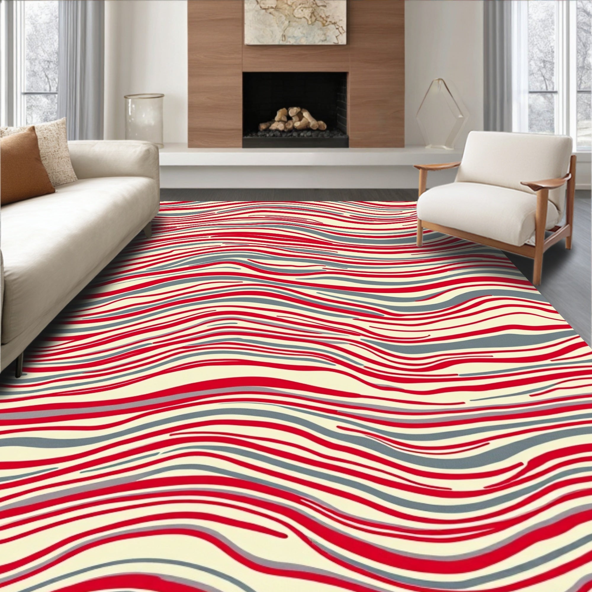 Red Gray Abstract Wave Pattern Rug