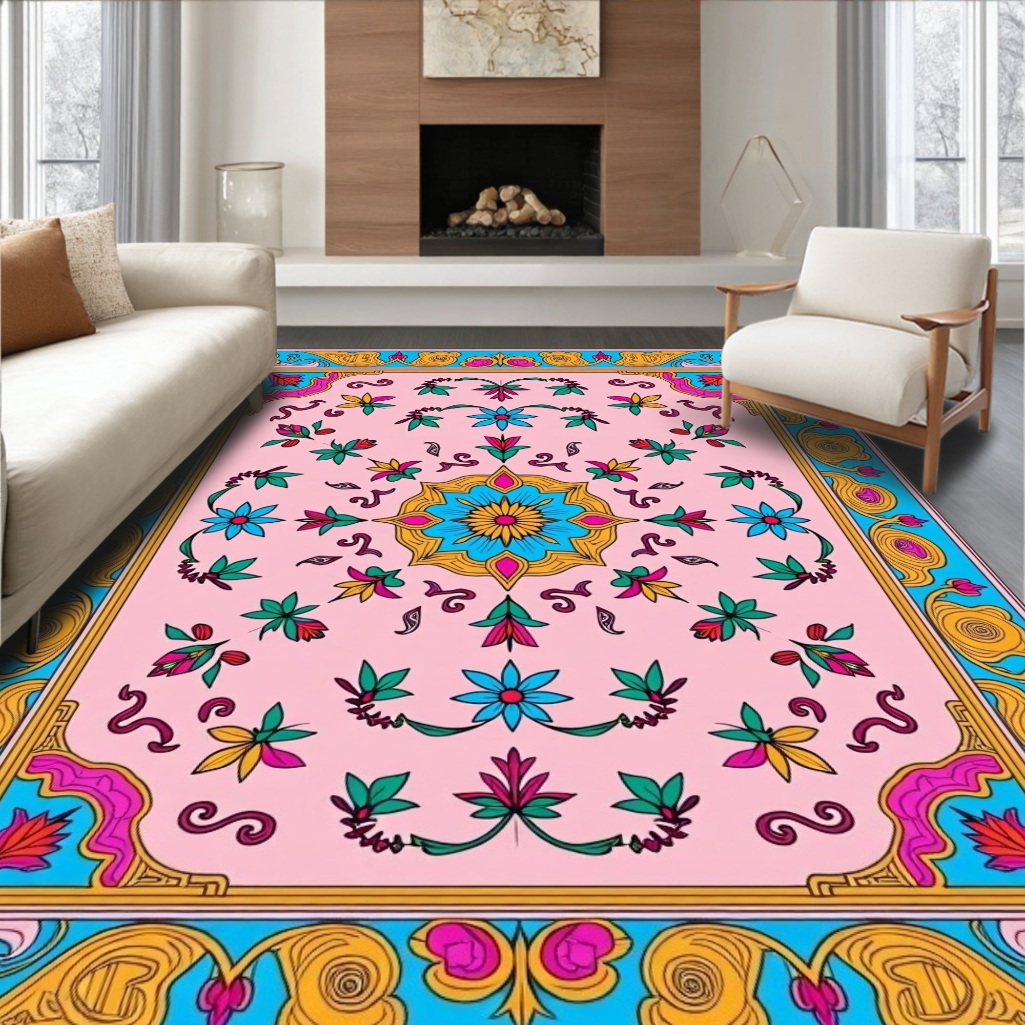 Pink Floral Mandala Pattern Rug
