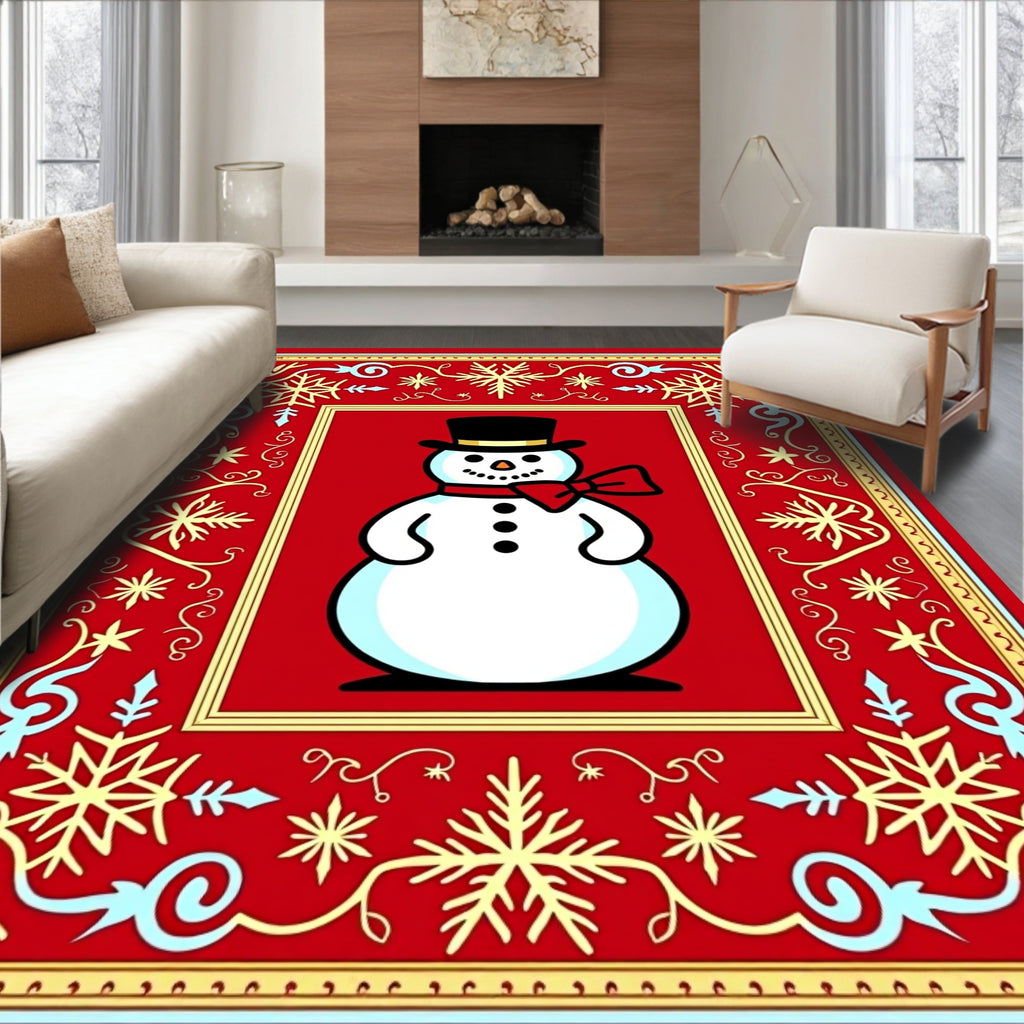 Festive Snowman Red Snowflake Frame Rug