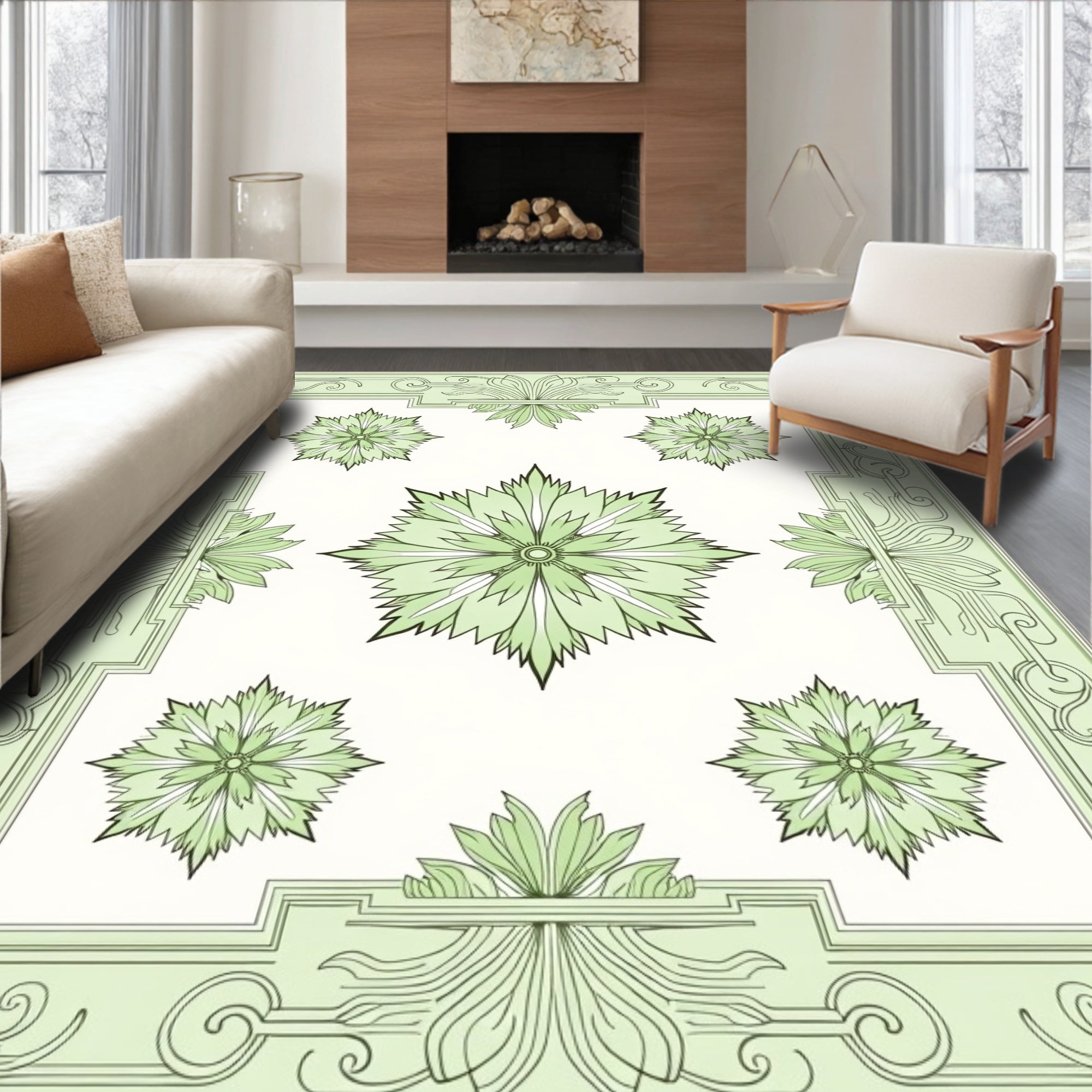 Green Spiky Floral Arrangement Border Rug
