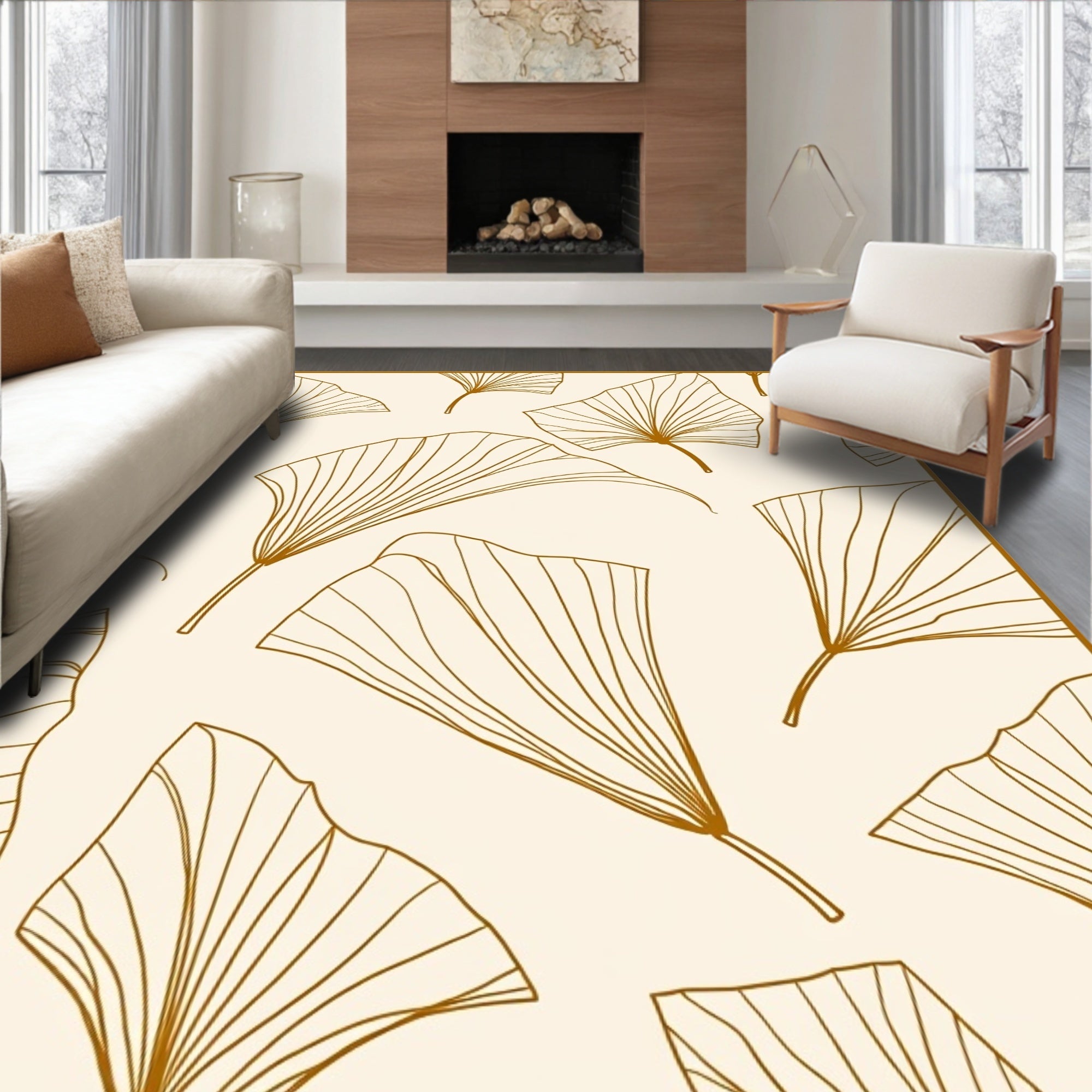 Minimalist Ginkgo Leaf Line Art Rug