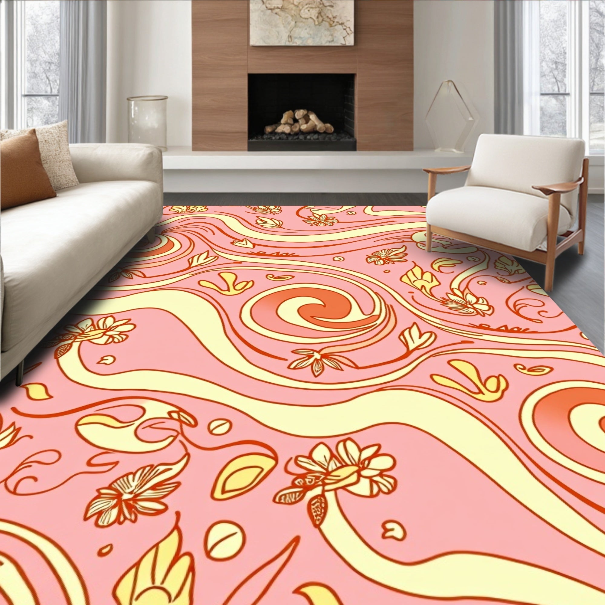 Whimsical Floral Swirl Pattern Design Rug