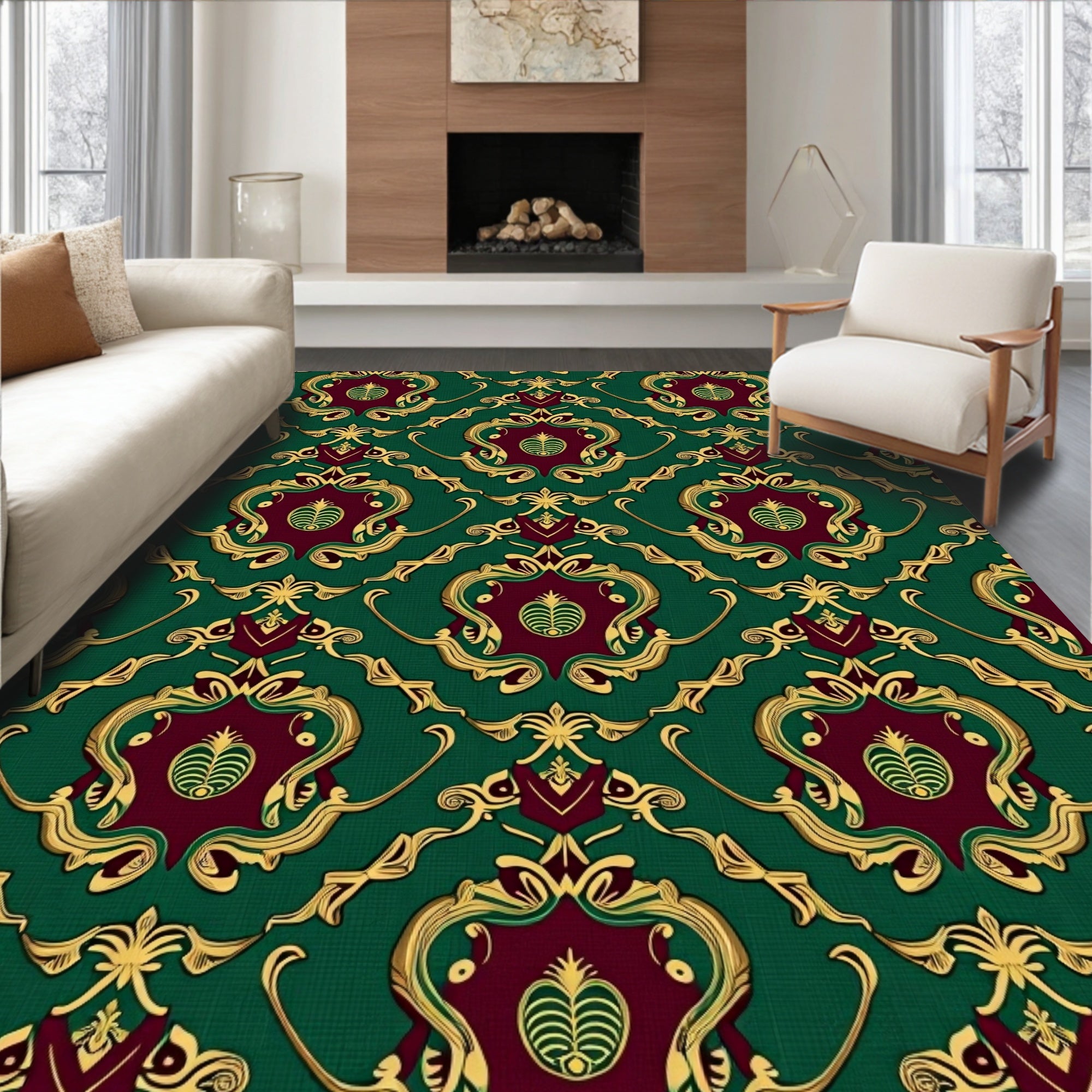 Ornate Emerald Gold Damask Pattern Rug