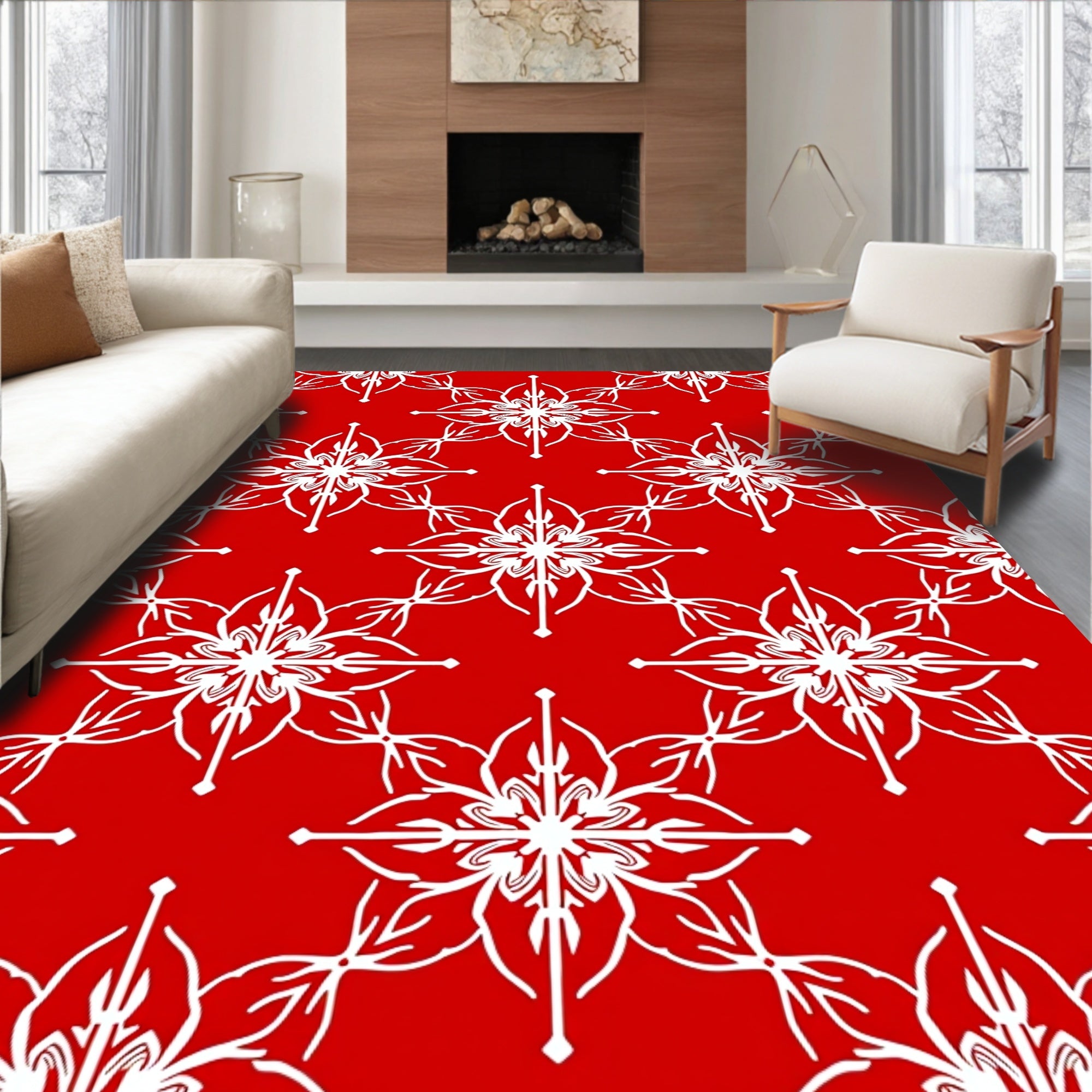 Red White Starburst Geometric Pattern Rug