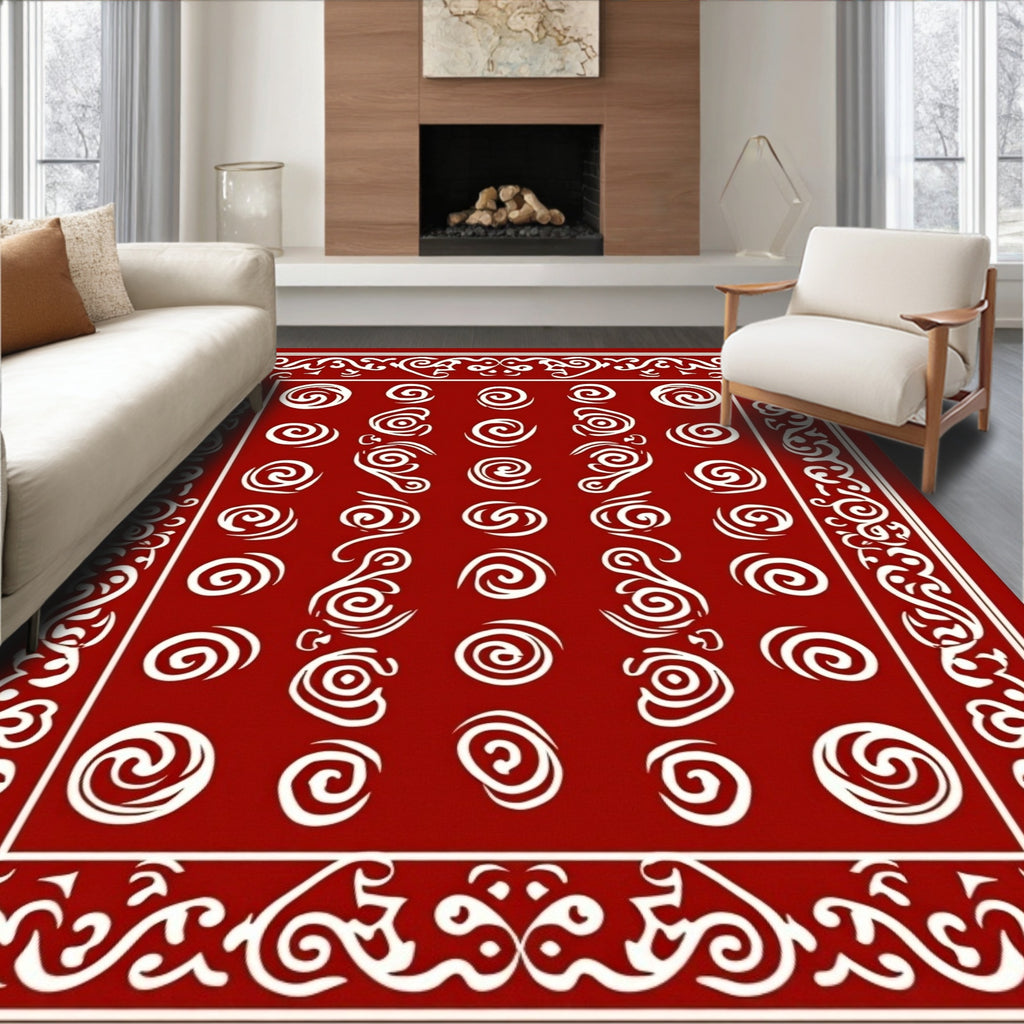 Red Swirl Pattern Accent Border Rug