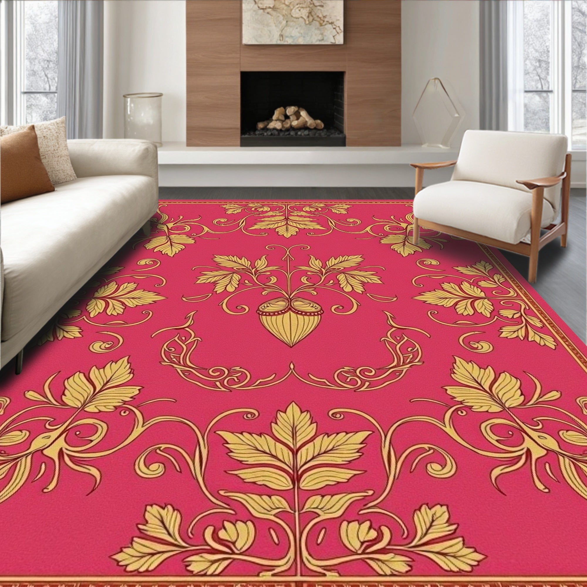 Ornate Floral Vines Pink Yellow Rug