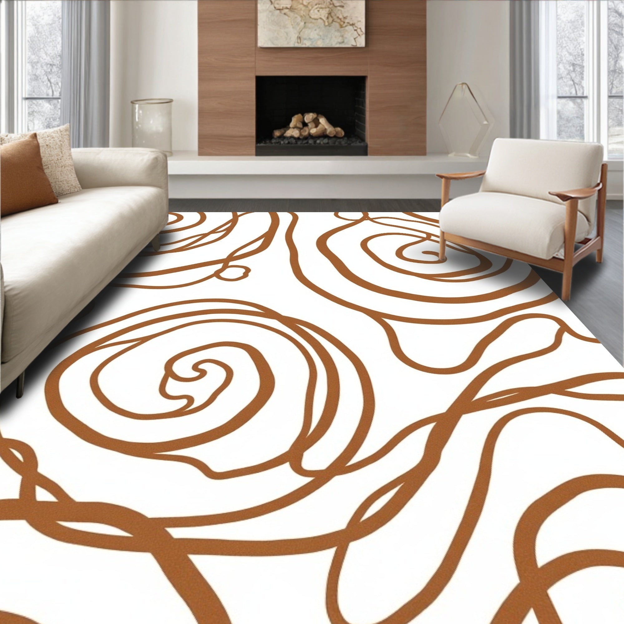 Abstract Swirls Brown Line Art Rug