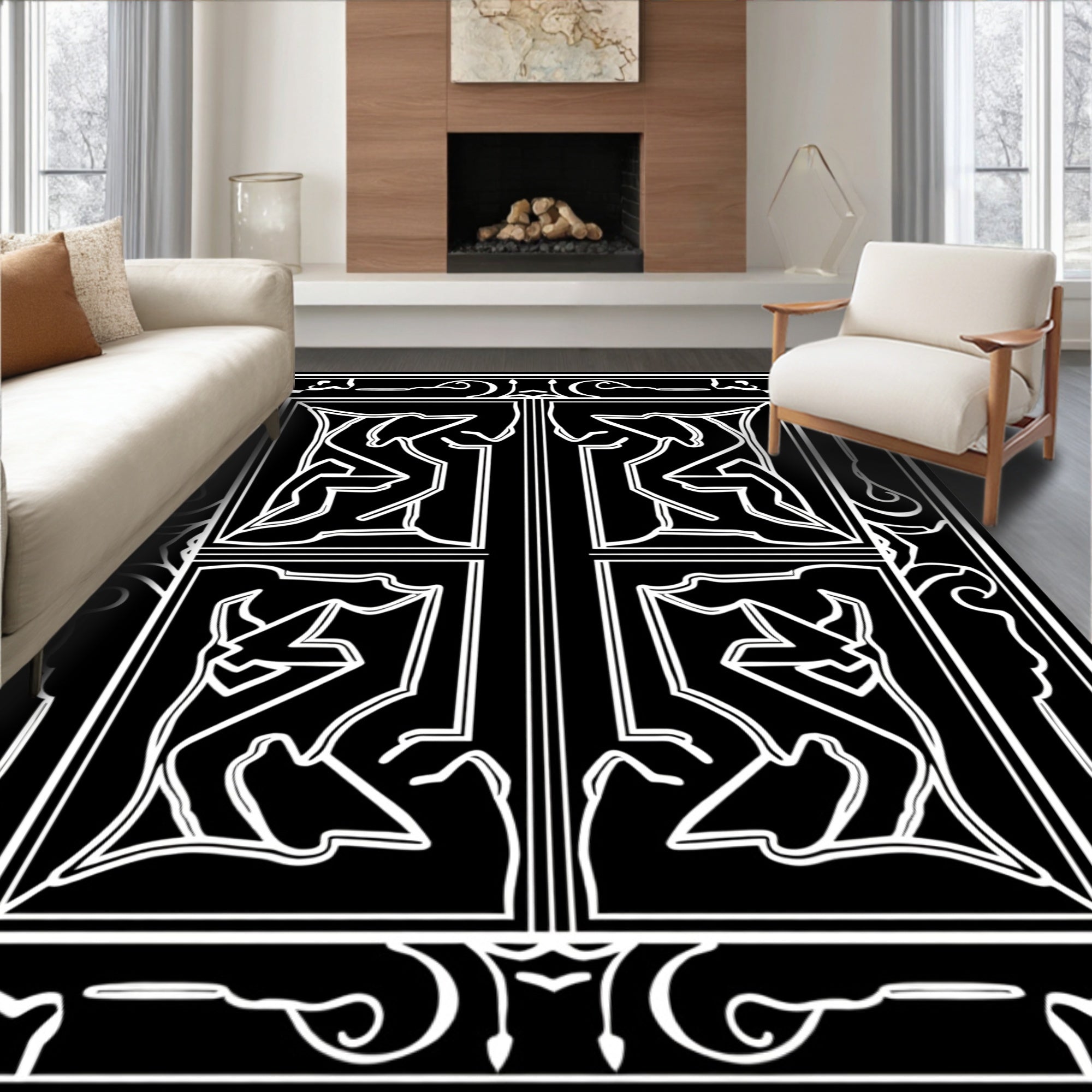 Abstract Geometric Black White Pattern Rug