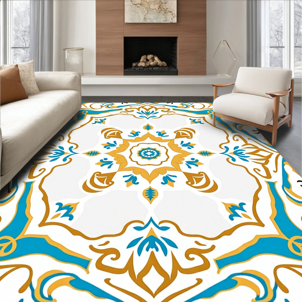 Bright Teal Gold Medallion Pattern Rug