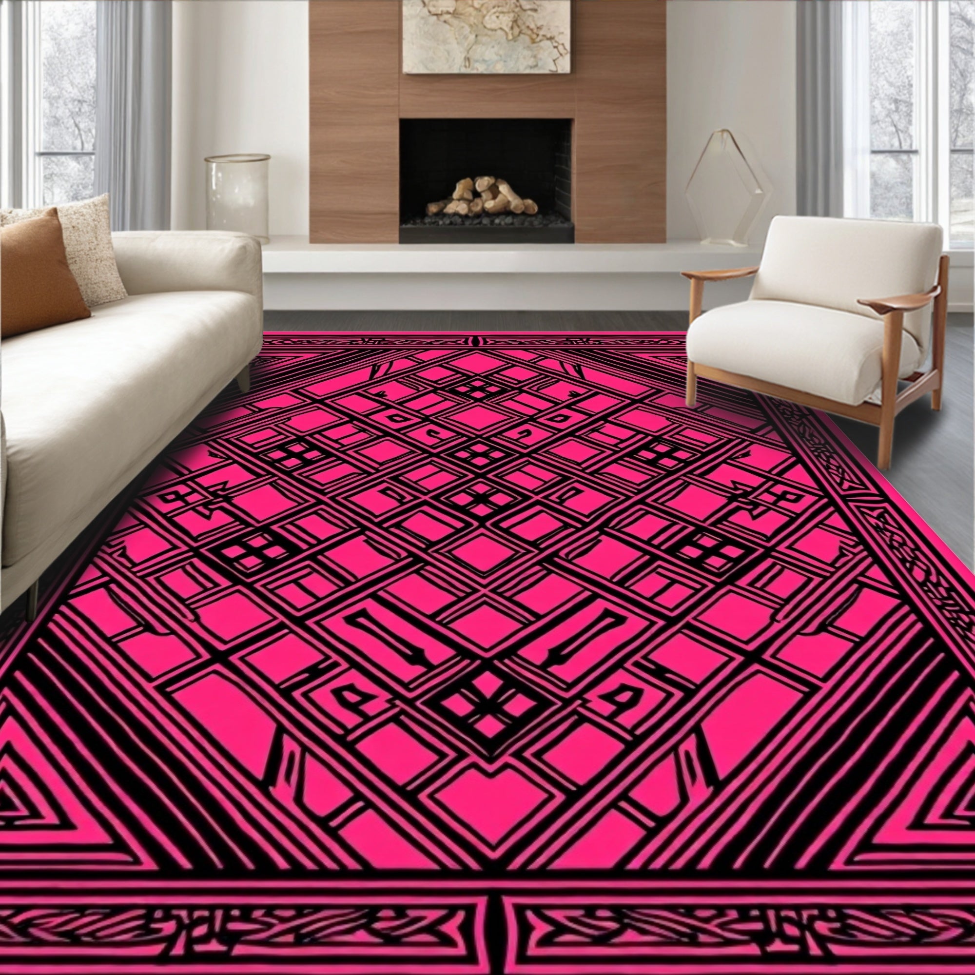Geometric Interlocking Black And Pink Rug