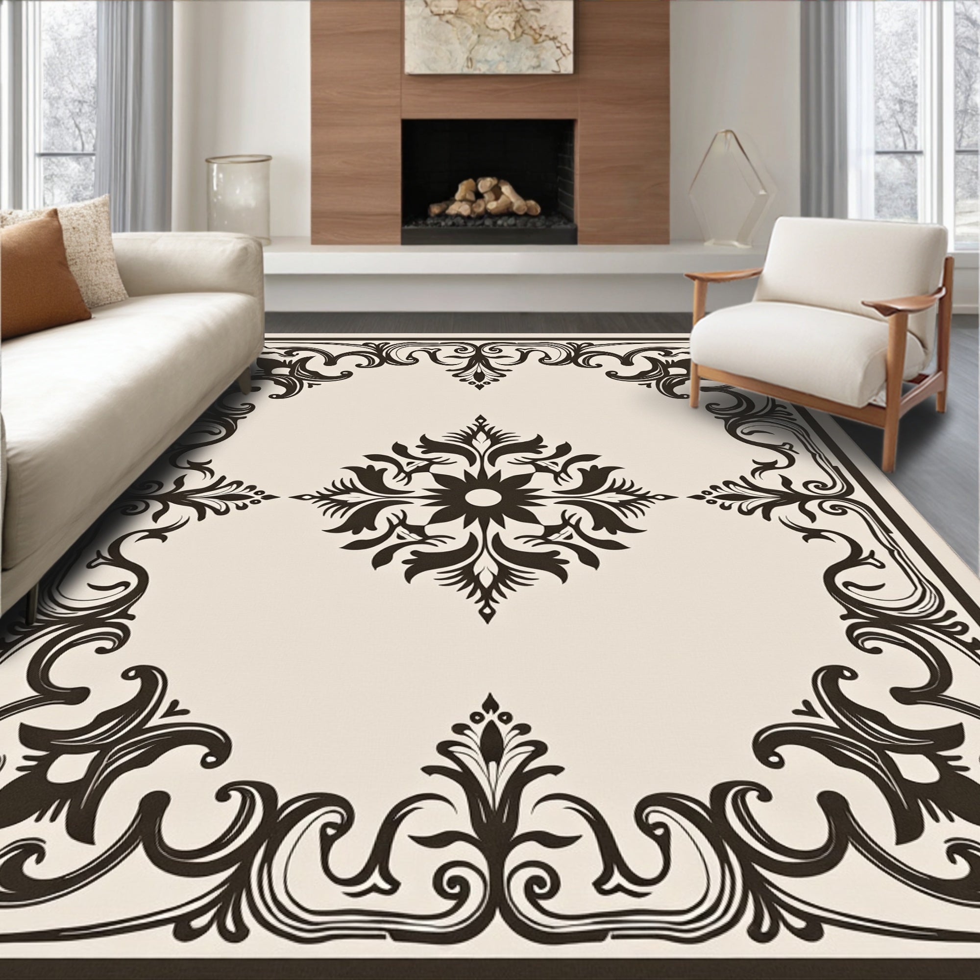 Ornate Scrollwork Floral Centerpiece Rug