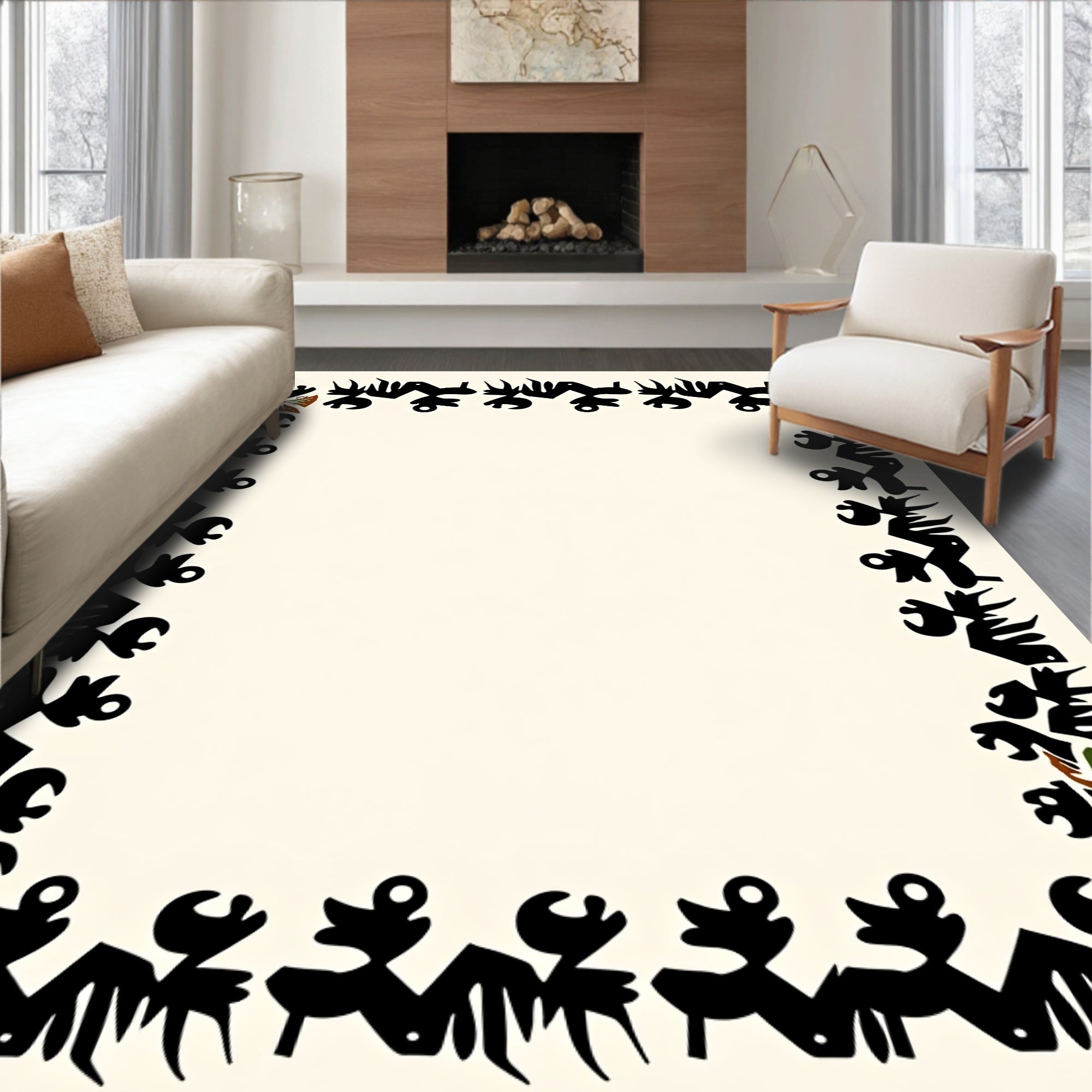 Abstract Tribal Spiky Figures Border Rug
