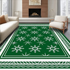 Festive White Snowflake Green Design Rug