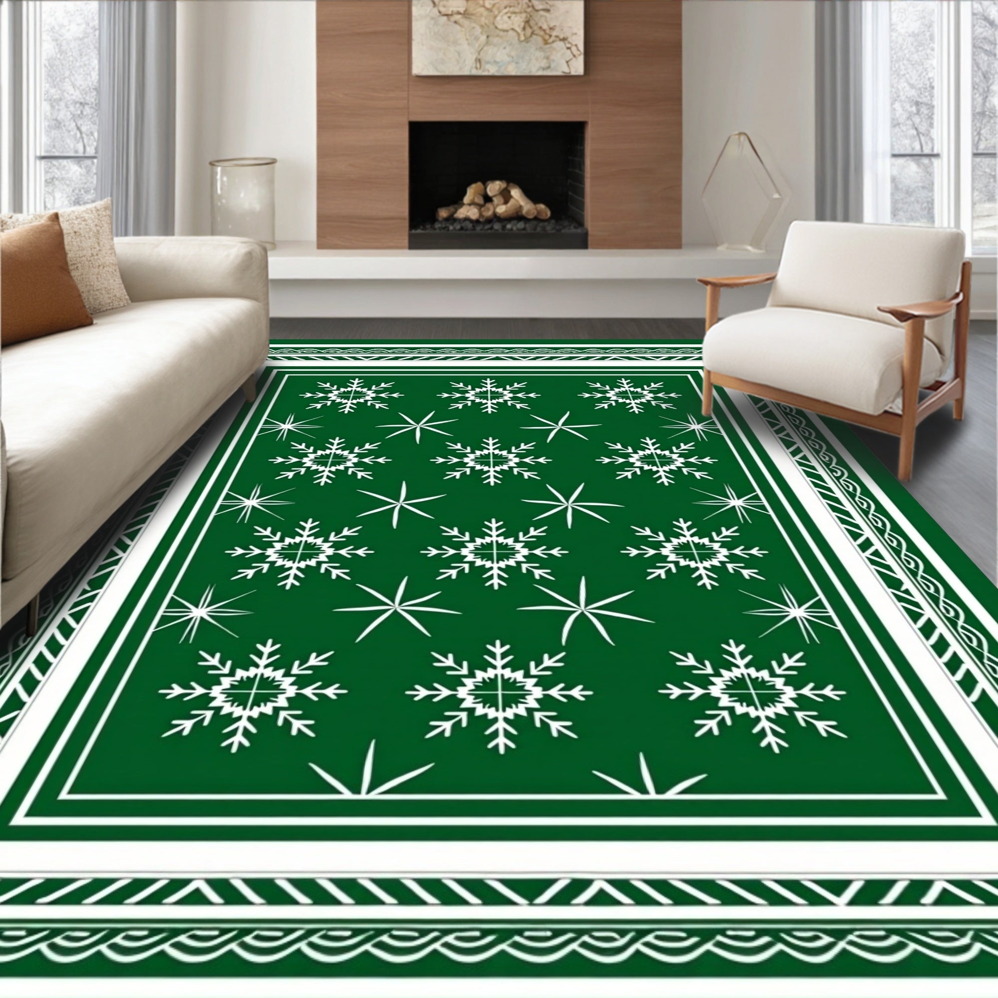 Festive White Snowflake Green Design Rug
