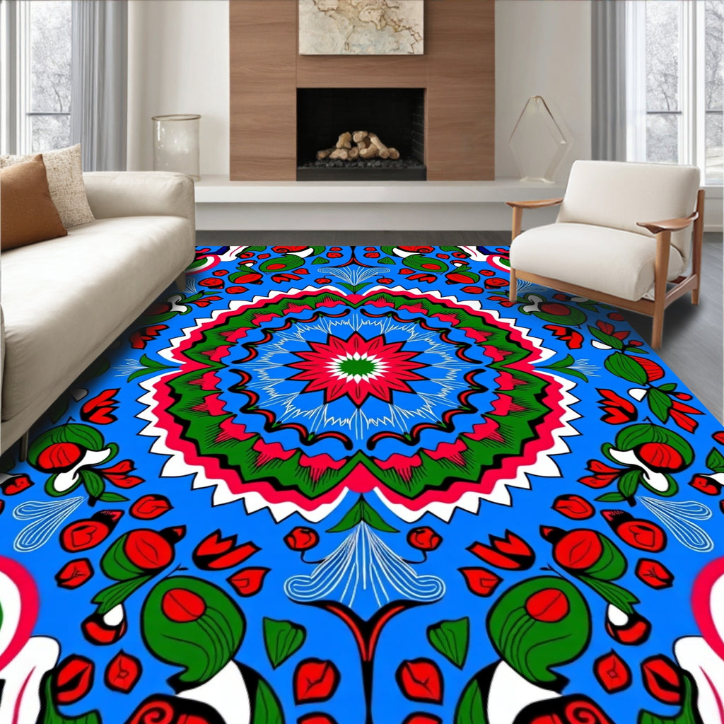 Vibrant Red Green Blue Floral Mandala Rug